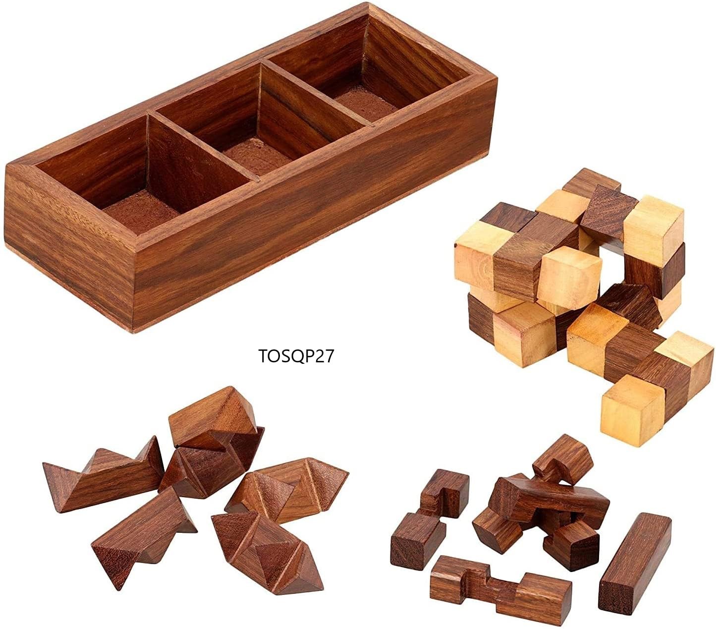 TOSQP27 Gift Wooden Brain Teaser Puzzle Set for Adults & Teens - 3-in-1 Interlocking Burr, Snake Cube & Star Puzzle with Handmade Wooden Storage Box