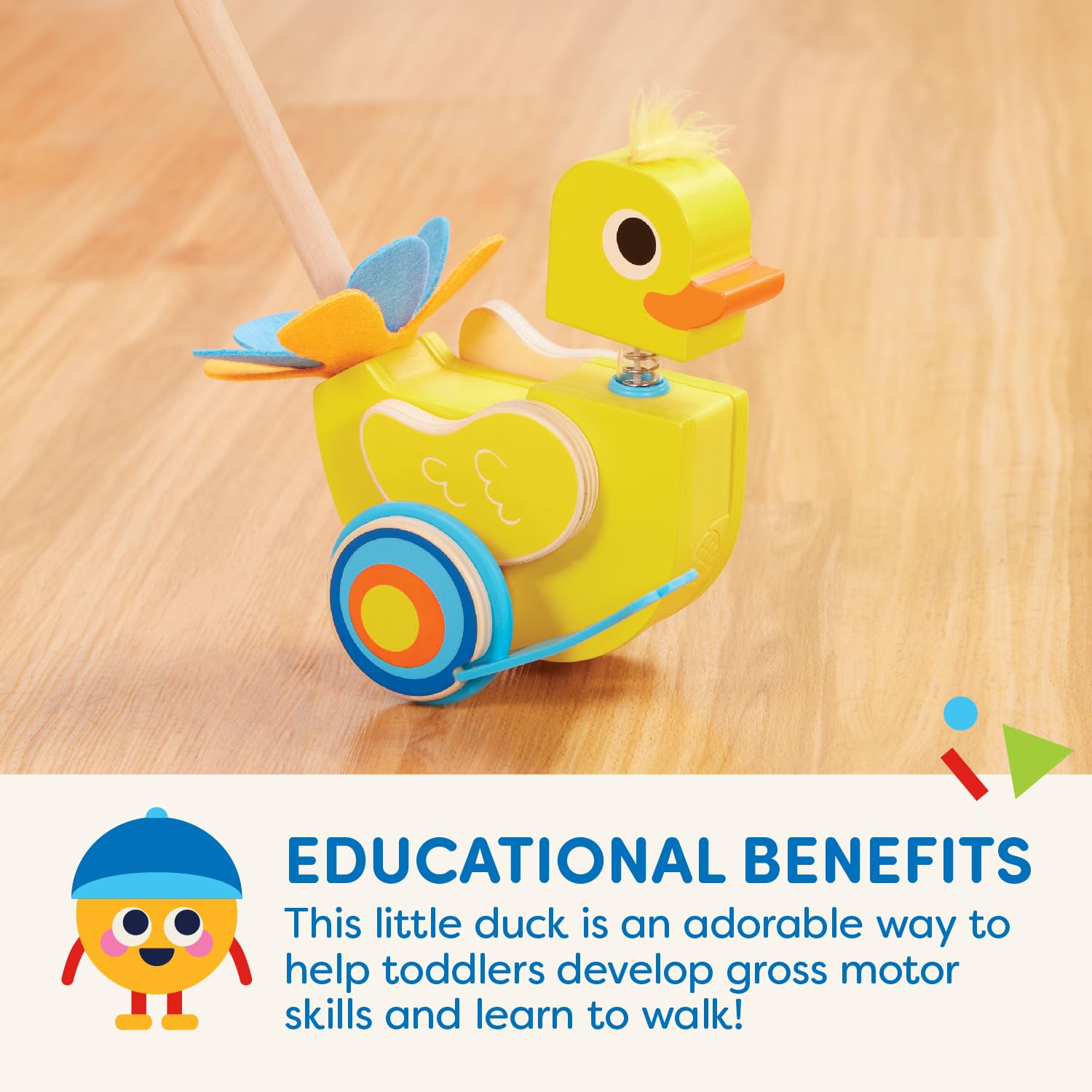 Battat - Waddling Push Toy - Wooden Duck - Walks & Flaps - Silly Sounds & Bobble Head - 12+ Months - Quack & Go Duck