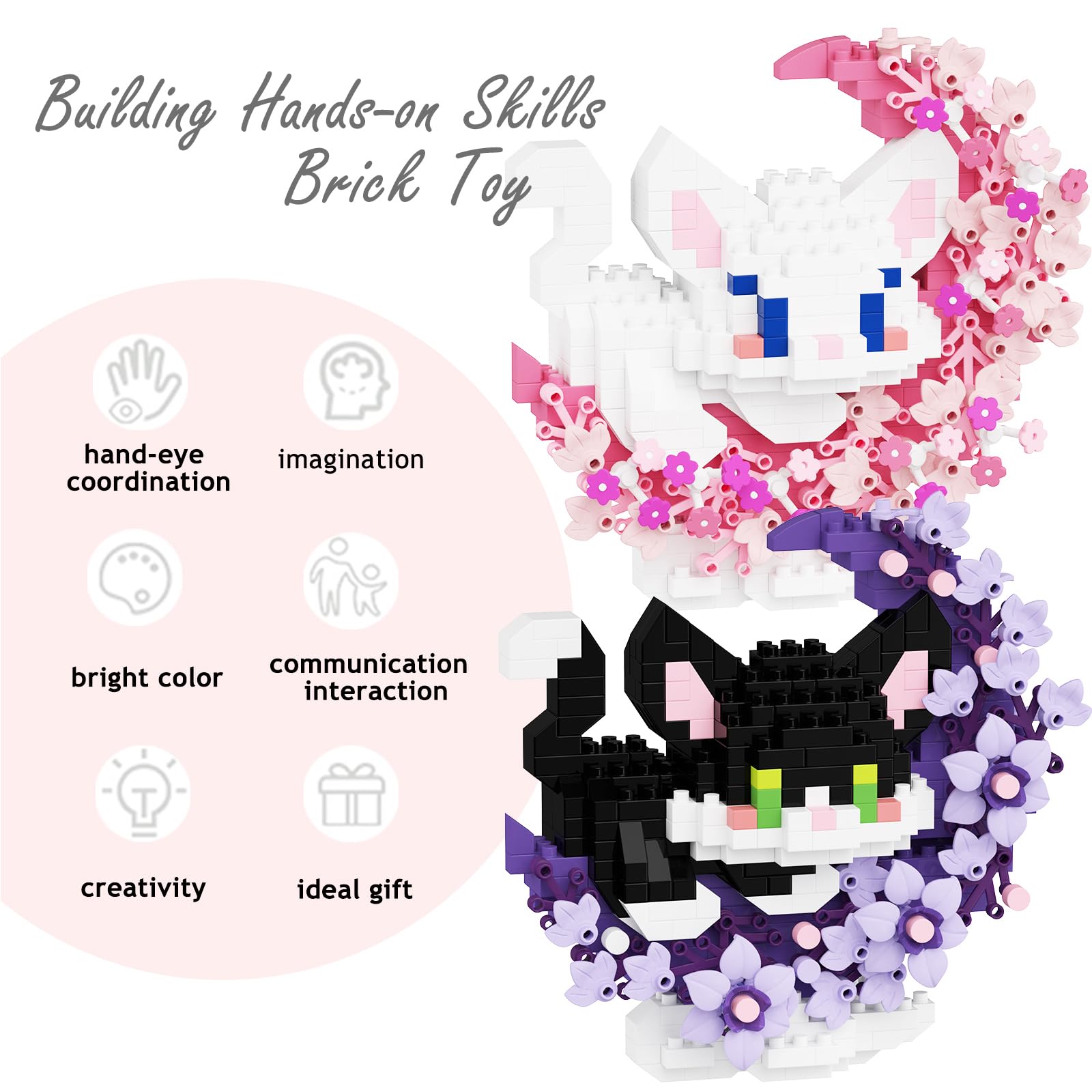 TENYEAH 2 in 1 Mini Building Block Set Animals with Flower and Moon, Micro Brick Toy Cats, Creative Art Craft and Home Decor, Birthday Gifts Idea