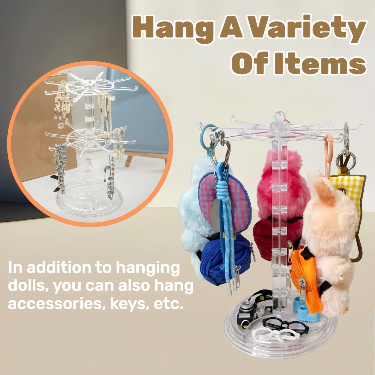PanniOhye Transparent 360° Rotating Display Stand for Plush Dolls Keychains& Collectibles - All-Round Display, Manually rotates(No Doll)