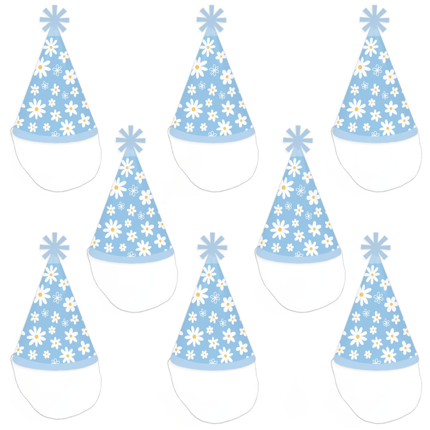 Big Dot of Happiness Blue Daisy Flowers - Cone Happy Birthday Party Hats for Kids and Adults - Set of 8 (Standard Size)