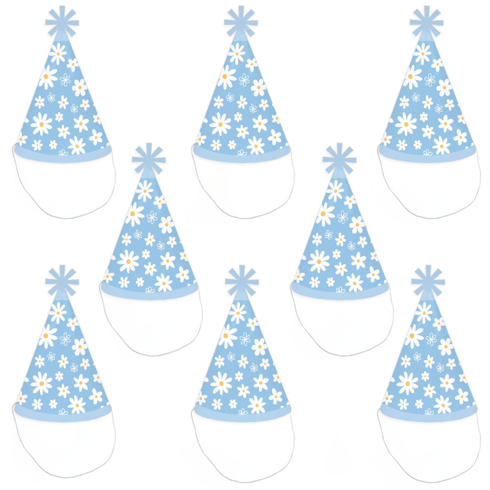 Big Dot of Happiness Blue Daisy Flowers - Cone Happy Birthday Party Hats for Kids and Adults - Set of 8 (Standard Size)