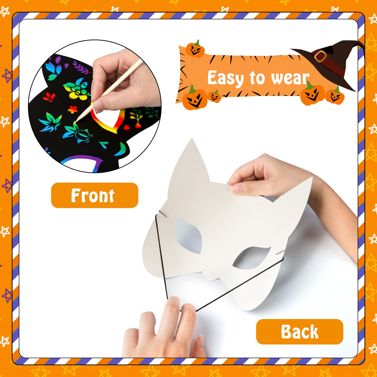 MGparty 24PCS Halloween Scratch Masks Craft Kit Rainbow Magic Scratch Paper Art for Kids Classroom Activities Birthday Party Favors School Art DIY