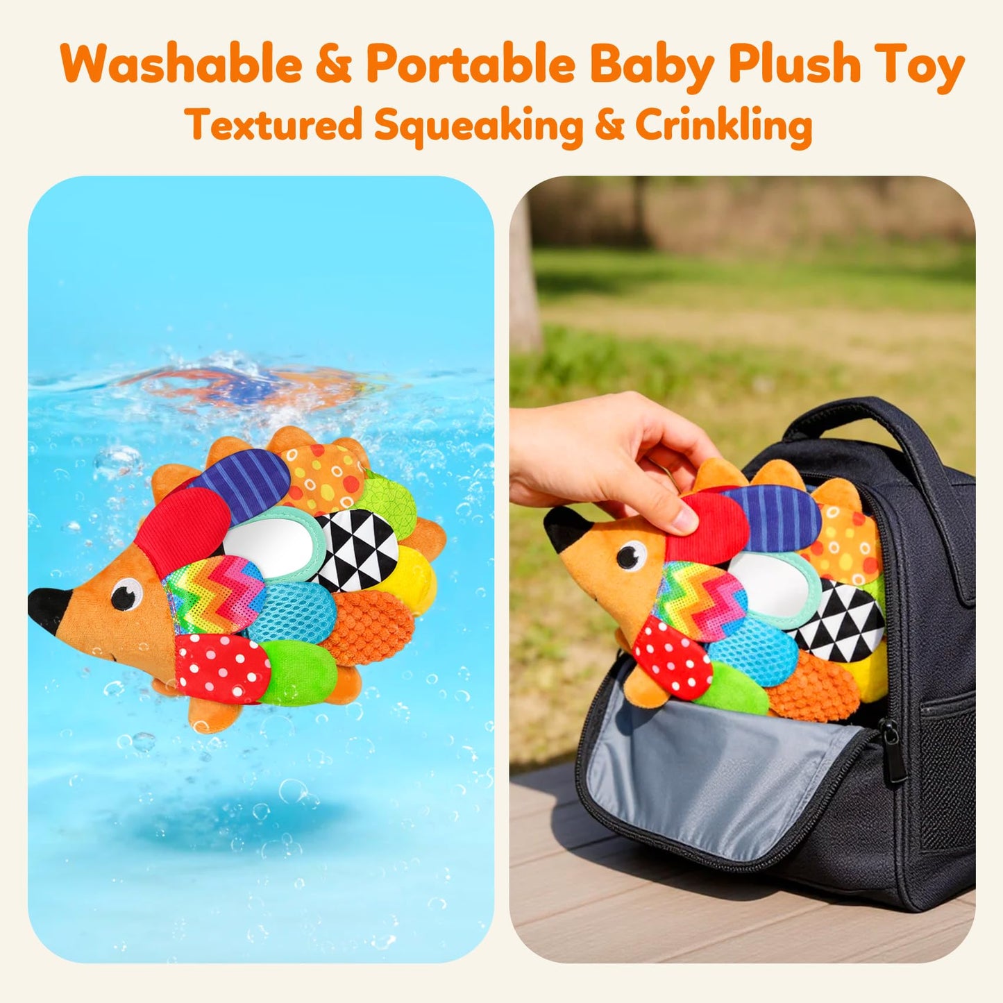 Vibrant Sensory Hedgehog Plush Stuffed Animal Baby Toy Tummy Time Learning Toy Soft Squeaking & Crinkling Toys for Busy Hands Babies 0-36 Months, Baby