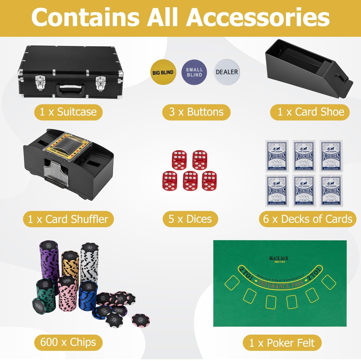 Goplus Poker Chip Set, 600 PCS 14 Gram Clay Poker Chips w/Case, Automatic Card Shuffler, 6 Decks Cards, 5 Dices, Card Shoe, 3 Dealer Buttons, Poker