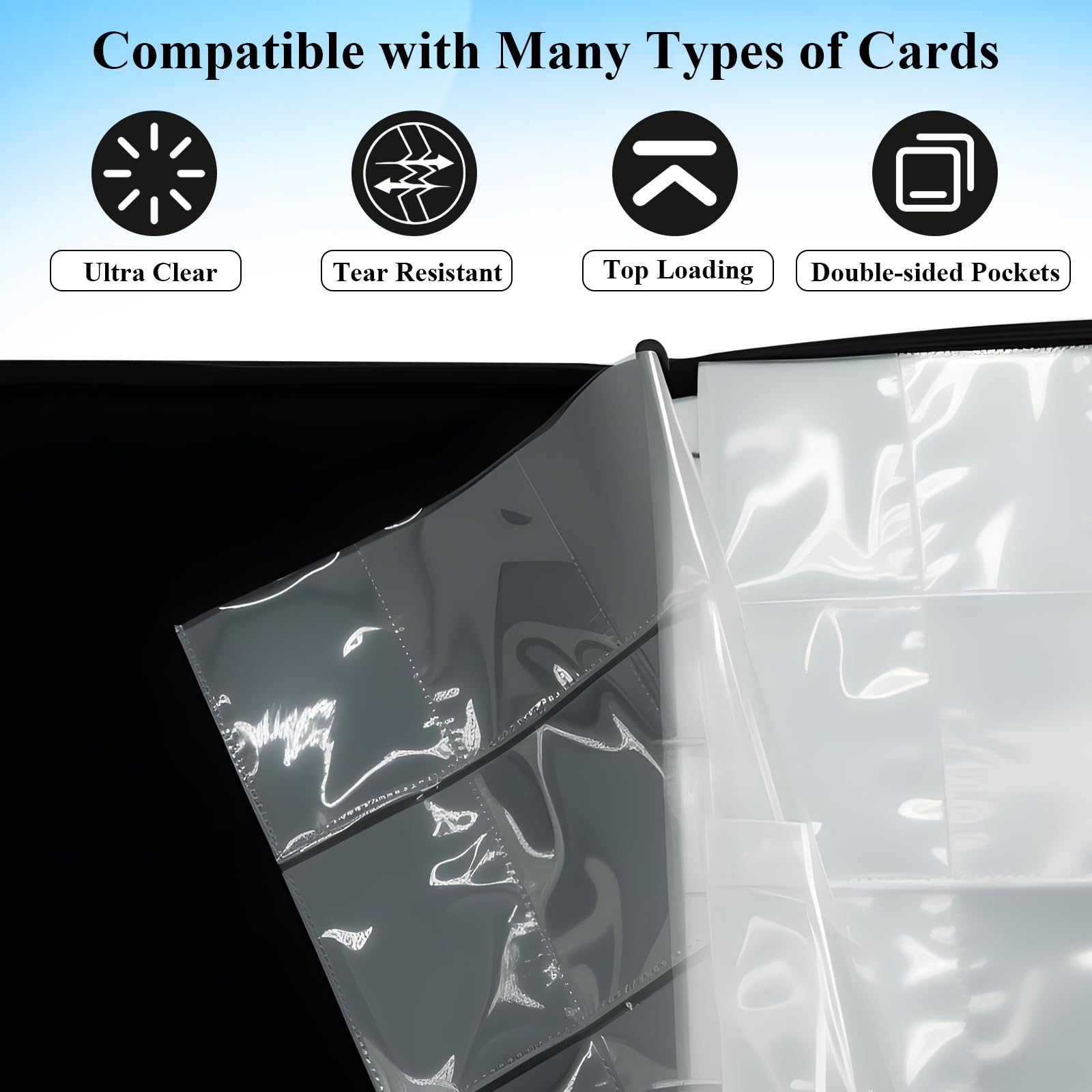 QULUXAO PU Leather Baseball Card Binder 4 Pocket,Holds 400 Cards Double Sided Black Card Binder,50 Removable Sleeves Baseball Cards Binder,3 Ring
