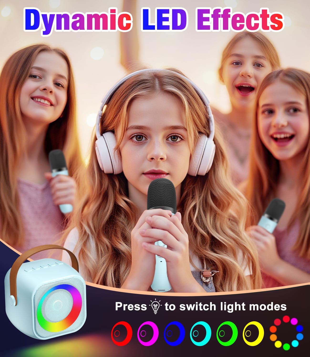 Mini Karaoke Machine, Portable Bluetooth Speaker with 2 Wireless Microphones for Kids & Adults, Karaoke Microphone with LED Lights, Gifts for Girls &