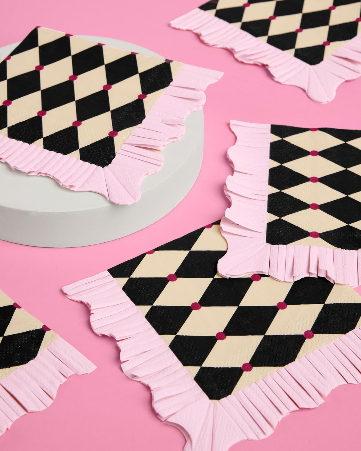 xo, Fetti Checkered Circus Paper Napkins, Wavy Fringe Border - 3-ply, 24 pcs | Carnival Birthday Decorations, Magician Tableware, Kids Party Setting