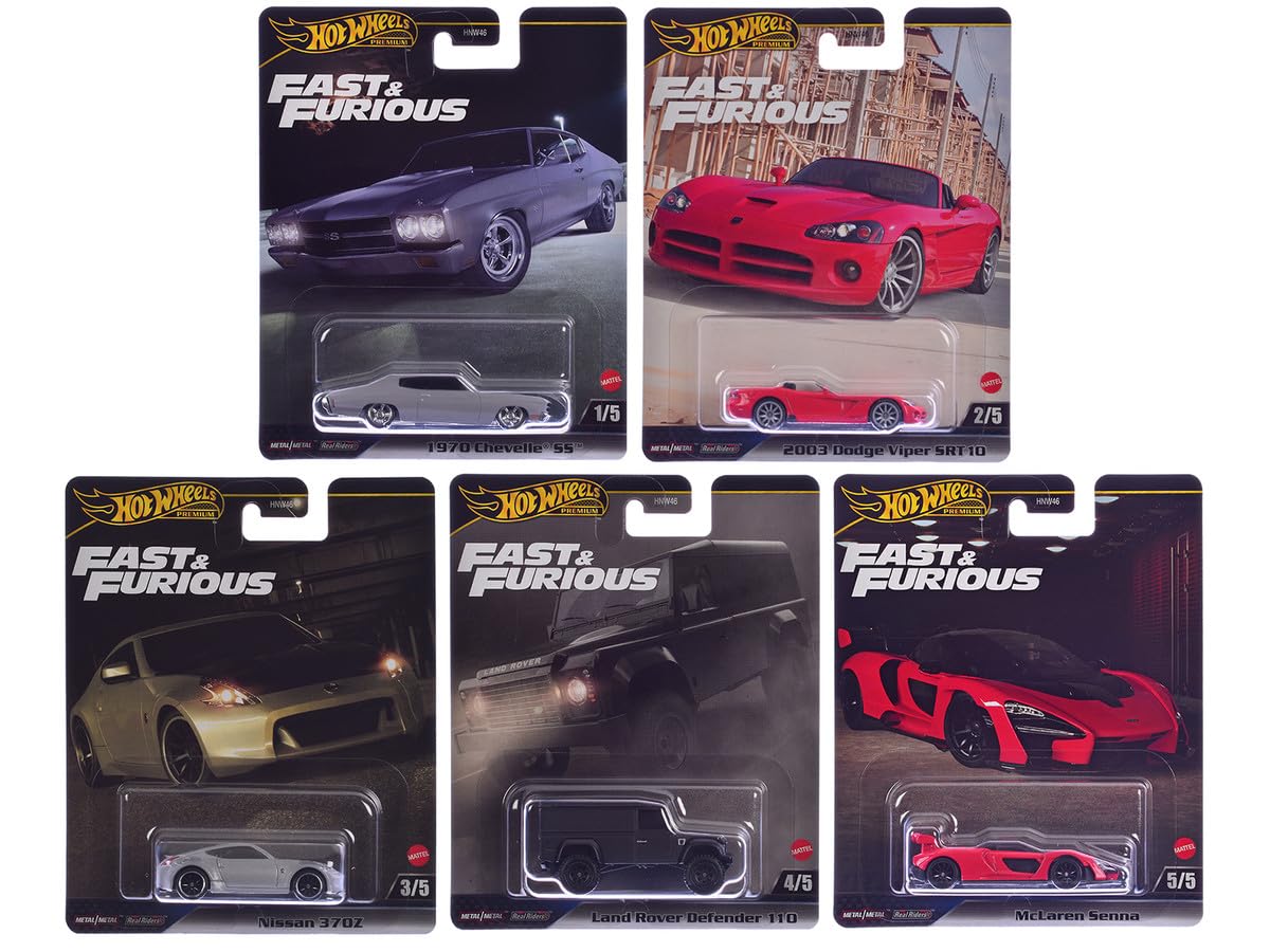 Hot Wheels Fast & Furious Premium Die-Cast Cars Bundle, 5-Pack Set, 1970 Chevelle SS, Dodge Viper, Nissan 370Z, Land Rover Defender, McLaren Senna
