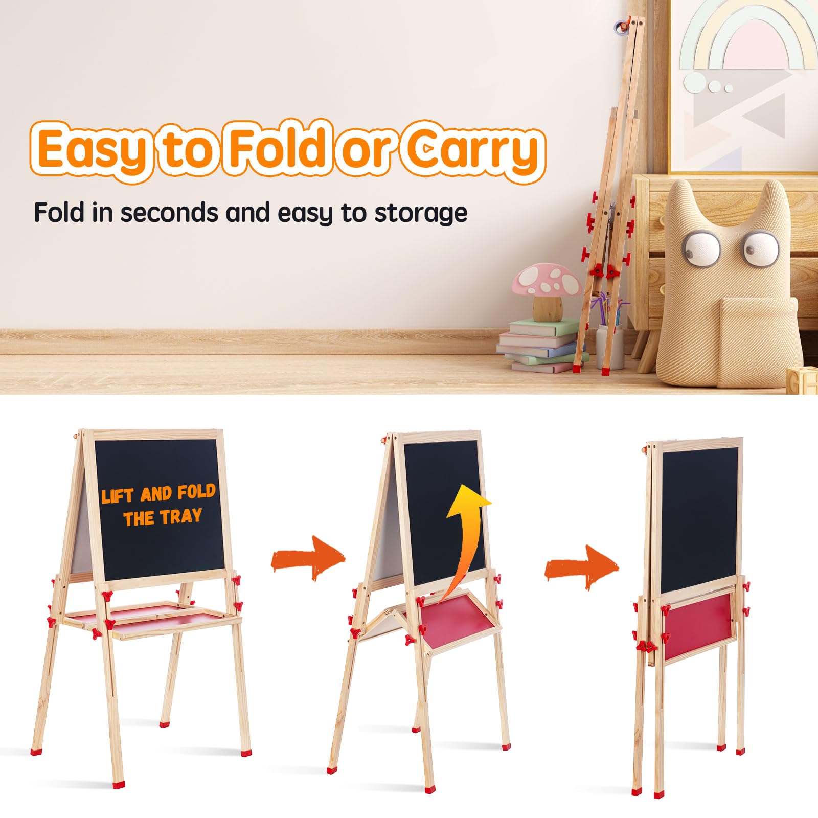 Wooden Adjustable Easel for Kids, Quick-Fold Kids Easel with Paper Roll&Accessories, Double Sided Painting Easels for Toddlers 3,4,5,6,7,8,9,10 Years