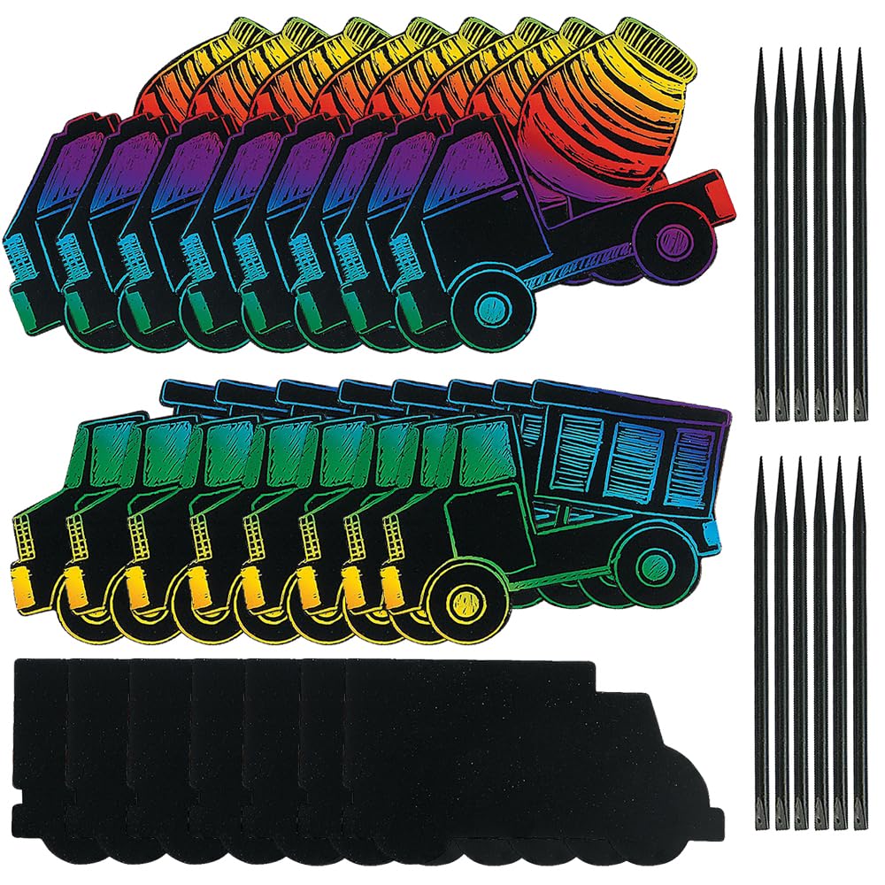 Fun Express Magic Scratch Trucks - Interactive Craft Activity for Kids - Creative DIY Art Home VBS Vacation Bible School Supplies - Educational