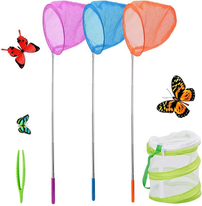 SEISSO Telescopic Butterfly Nets for Kids 3 Packs, Outdoor Explorer Catching Kits Including Catching Nets/Insect Mesh Cage/Tweezer,Great for Catching