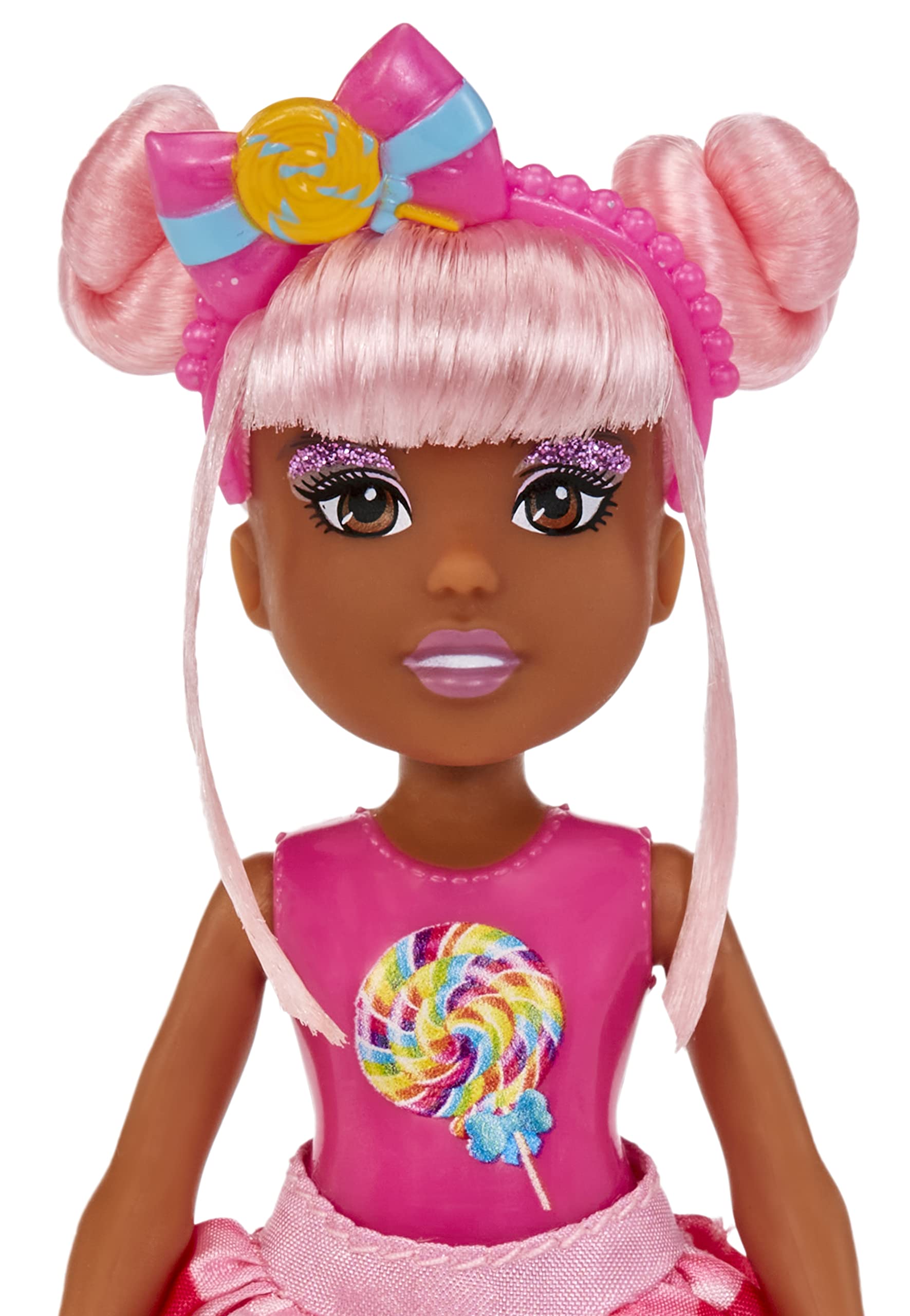 MGA Entertainment Dream Bella Little Candy Princess Jaylen, Lollipop Scented 5.5" Doll with Scratch 'N Sniff Tag, Long Pink Hair, Headband, Rainbow