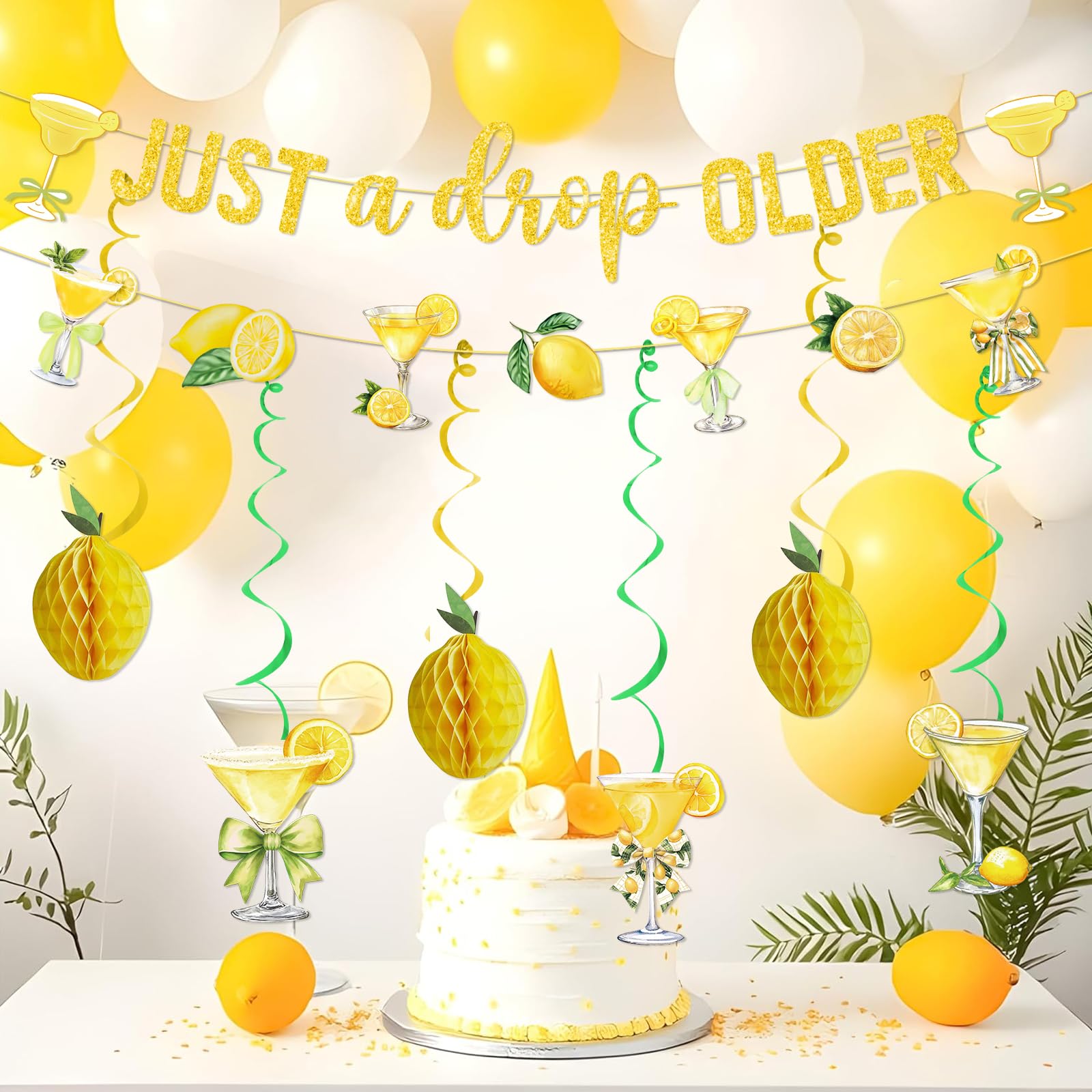 Just A Drop Older Gold Glitter Banner with Hanging Swirls Lemon Party Decorations Lemon Themed Party Decor Lemon Birthday Decorations