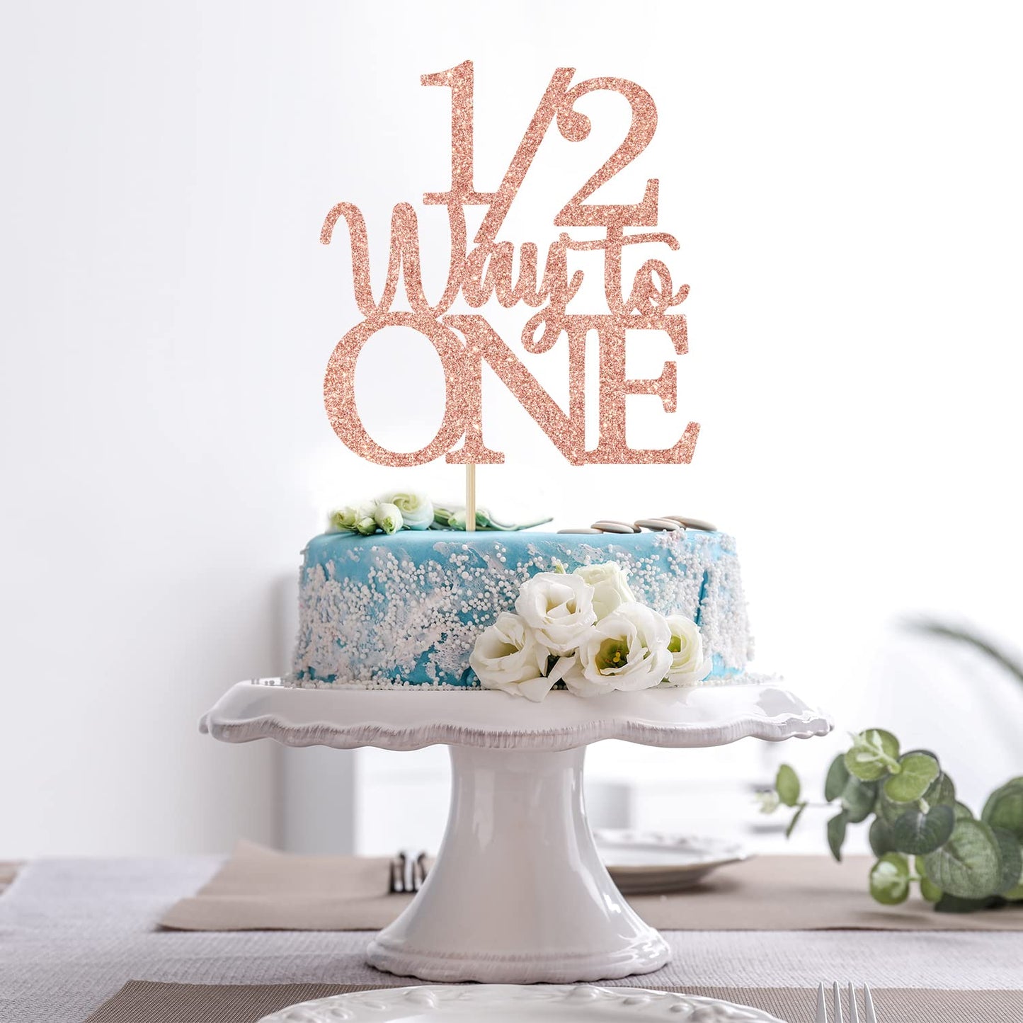 1/2 Way to One Cake Topper - Happy 1/2 Birthday Girl - Baby 6 Months Decorations, Half Birthday Party Decorations Rose Gold Glitter