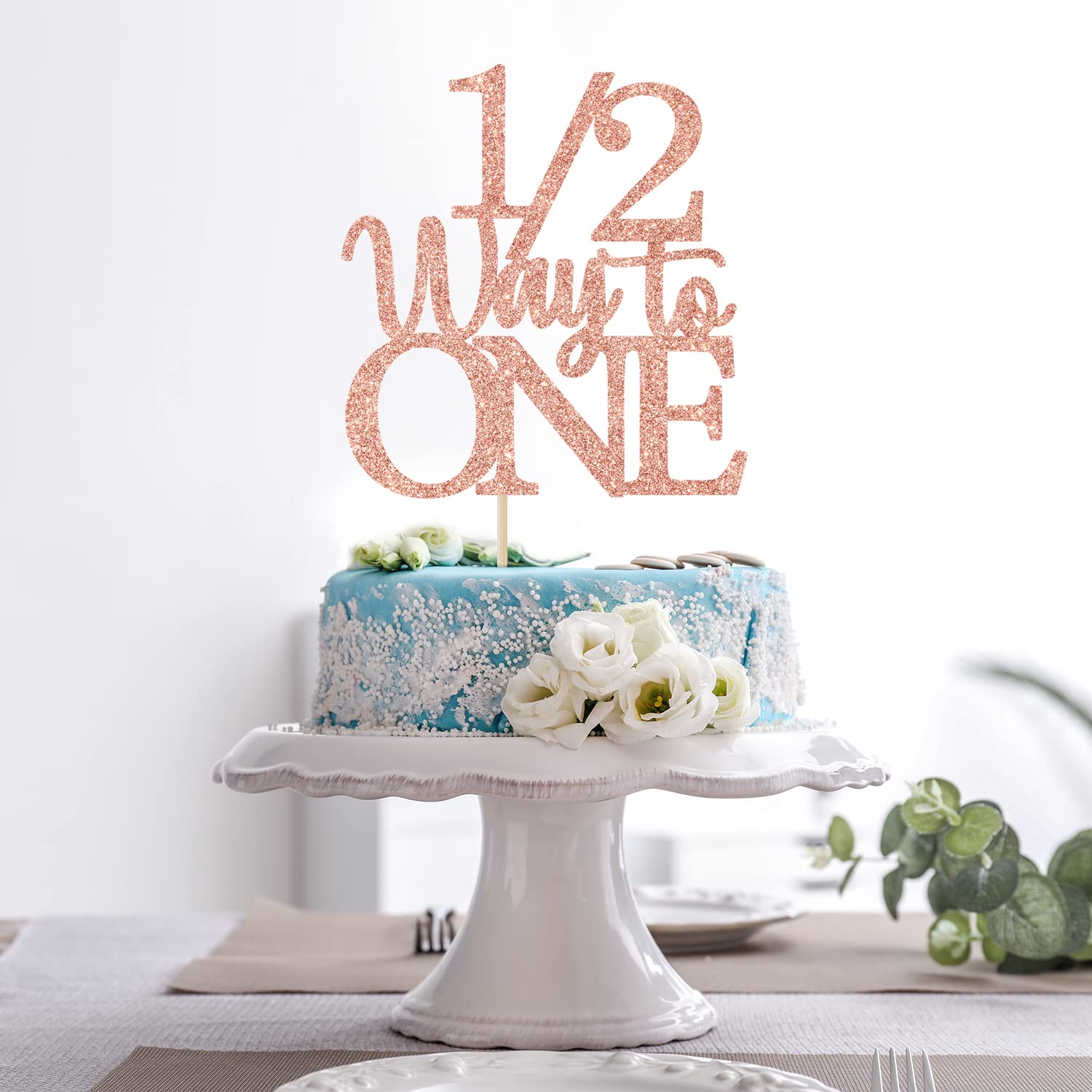 1/2 Way to One Cake Topper - Happy 1/2 Birthday Girl - Baby 6 Months Decorations, Half Birthday Party Decorations Rose Gold Glitter