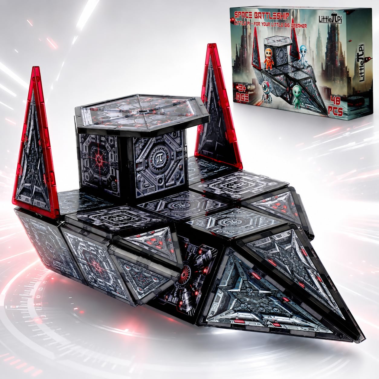 Little Pi Space Battleship Magnetic Tiles | Magnetic Blocks for Star Inspired Galactic Building | STEM Toys for Kids Age 3 4 5 6 7 8
