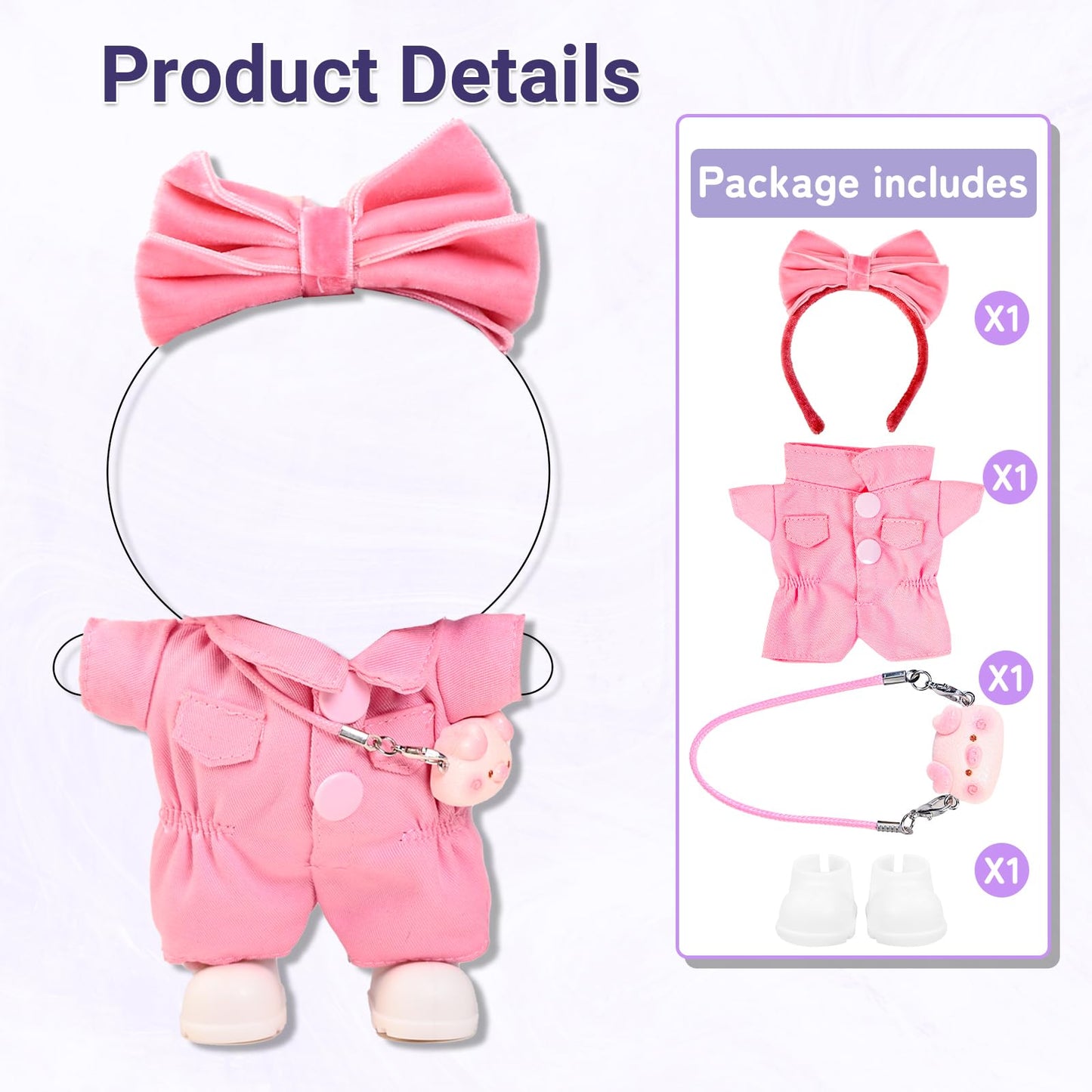 4PCS Pink Kawaii Doll Romper Set Pink Bunny Jumpsuit with Bow Tie for 15-17cm 4 Inch Blind Box Dolls Includes Bow Headwear, Crossbody Bag, One-piece