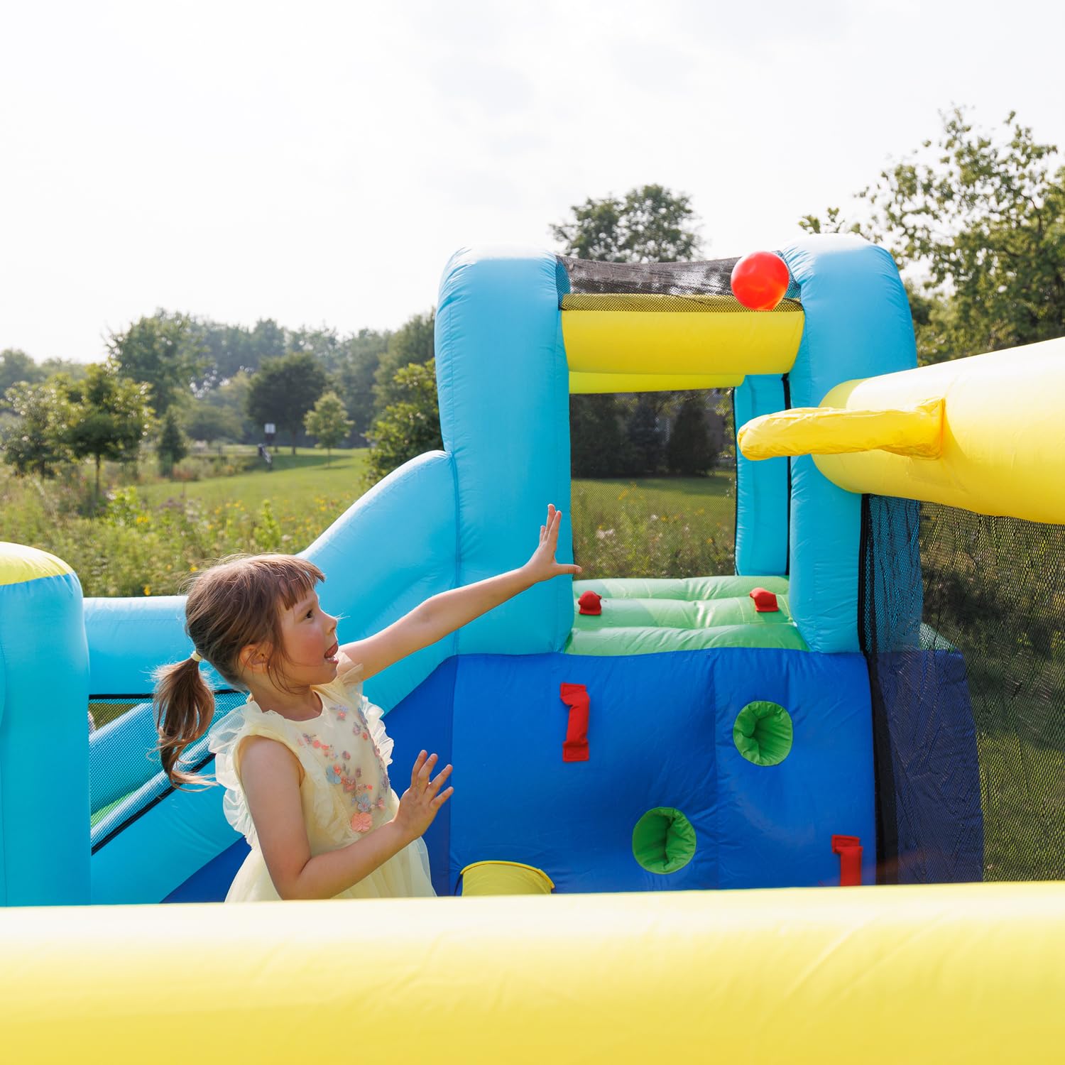 Bounceland Ultimate Combo Inflatable Bounce House, 12 ft L x 10 ft W x 8 ft H, Basketball Hoop, Obstacle Wall, Fun Tunnel, Slide and Bounce Area