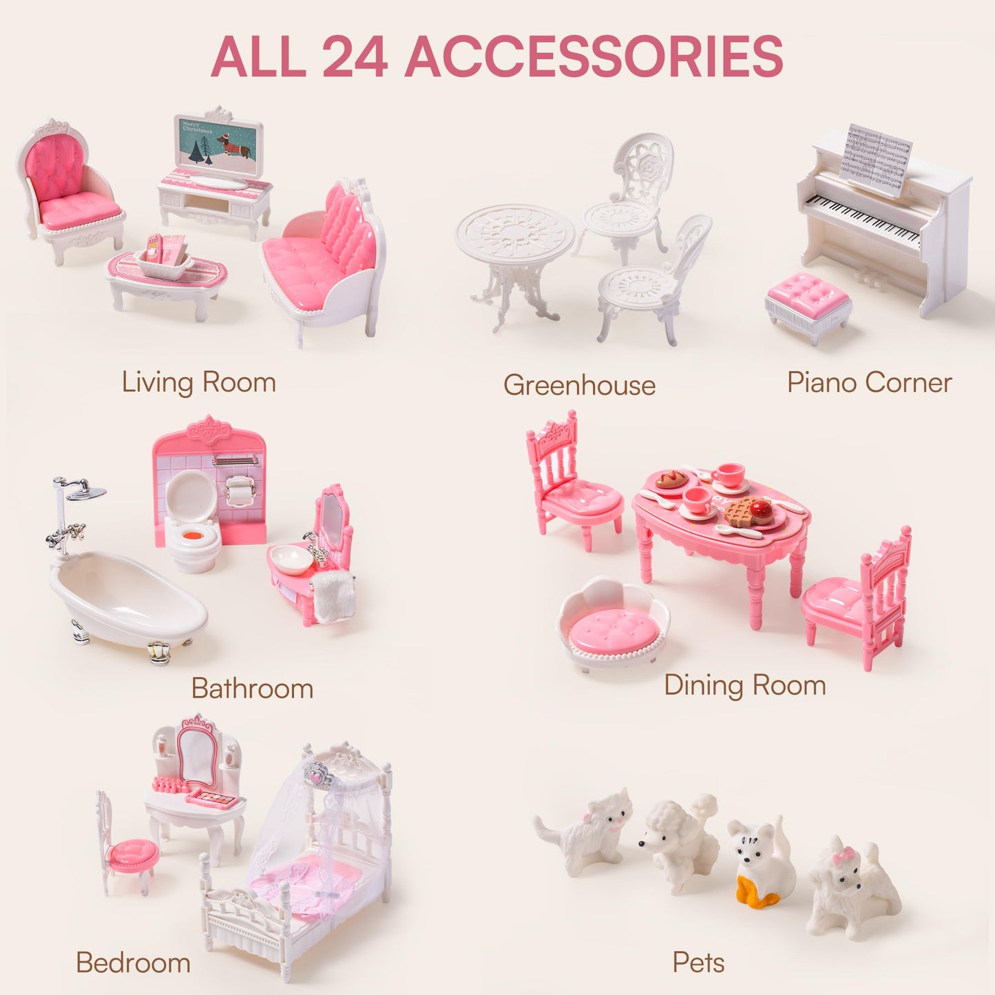 ROBUD Wooden Dollhouse Playset, 3 Stories, 5 Rooms, 24 PCS Furniture, Pretend Play Toys Gift for Kids Toddlers Girls