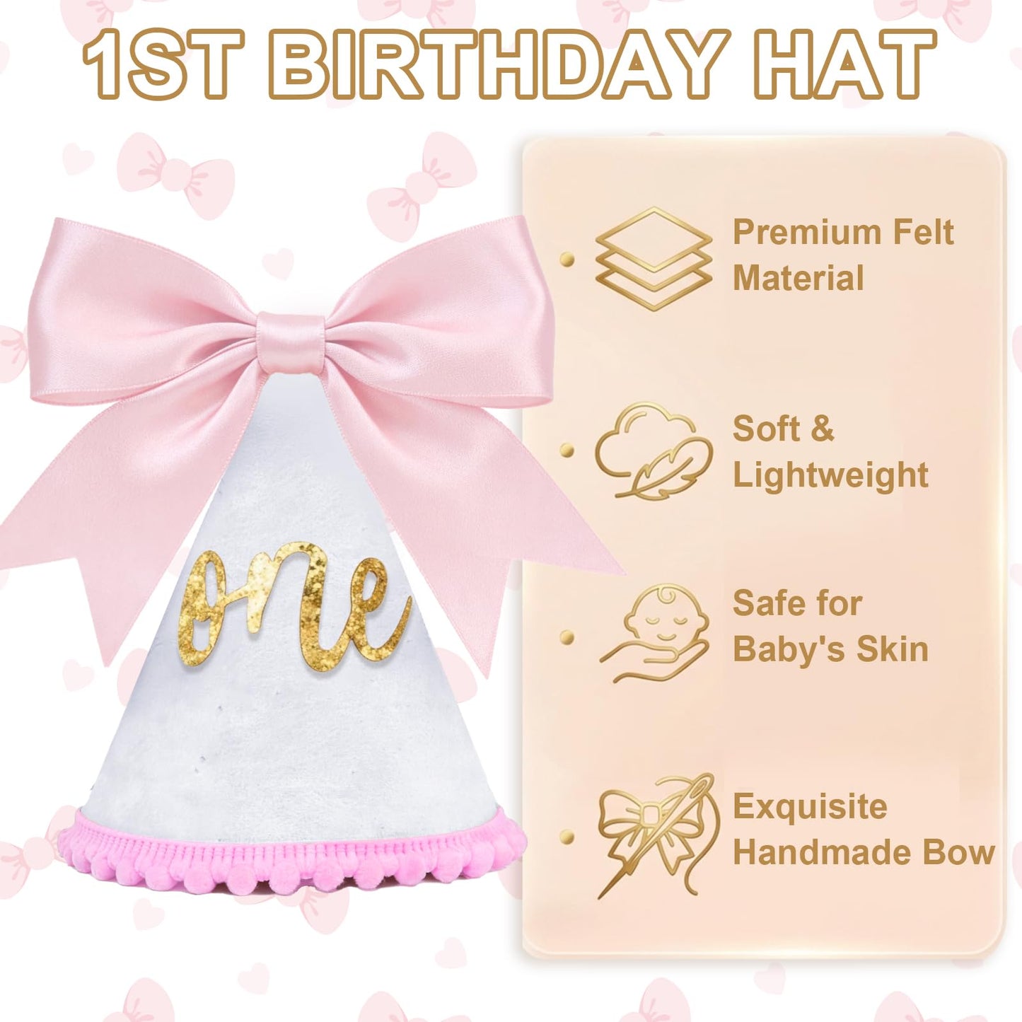 Bow 1st Birthday Hat for Girls - First Birthday Hat for Party Decorations