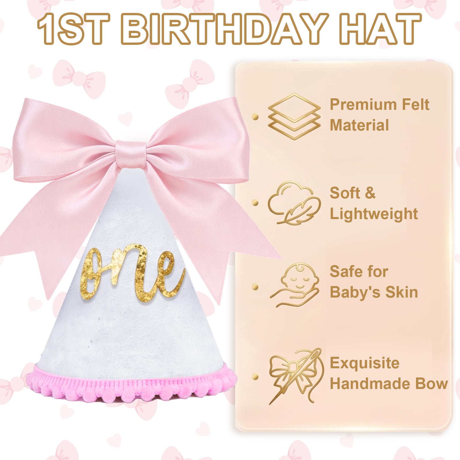 Bow 1st Birthday Hat for Girls - First Birthday Hat for Party Decorations