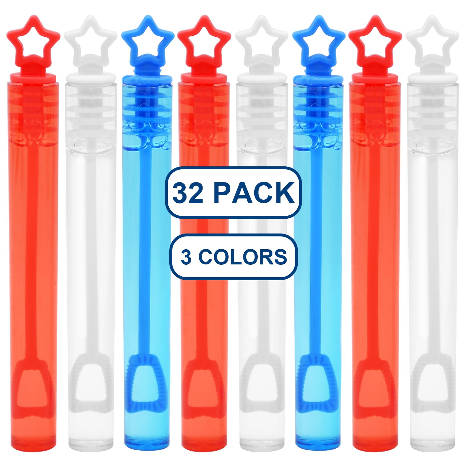 32 Pack Mini Star Bubble Wands for Kids Party Favors, Assorted Red, White Blue Bubble in Bulk Summer Toy for 4th of July, Independence Day, Memorial
