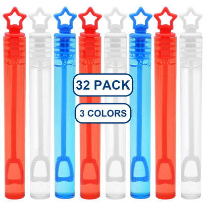 32 Pack Mini Star Bubble Wands for Kids Party Favors, Assorted Red, White Blue Bubble in Bulk Summer Toy for 4th of July, Independence Day, Memorial