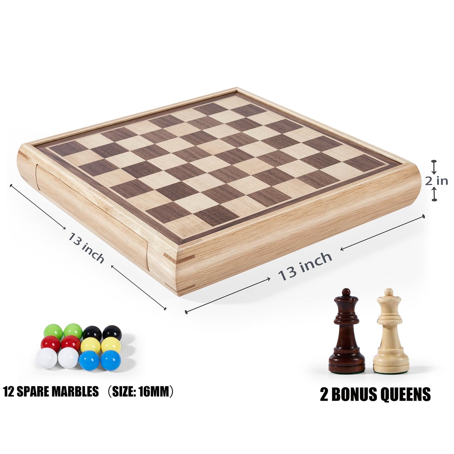 VAMSLOVE 13" Chess Chinese Checkers 2 in 1 Wooden Board Game Set with Pieces Storage Drawer - 2 Extra Queens, Bonus Marbles, for Birthday Gift