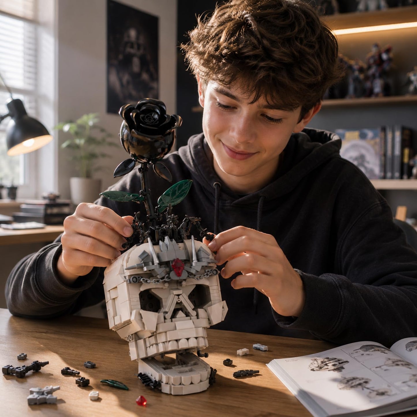 JYLWSMHU 3 in 1 Gothic Skull with Black Rose Building Block Set 698 Pcs Botanical Model Kit for Adults & Teens Dark Aesthetic Skeleton Construction