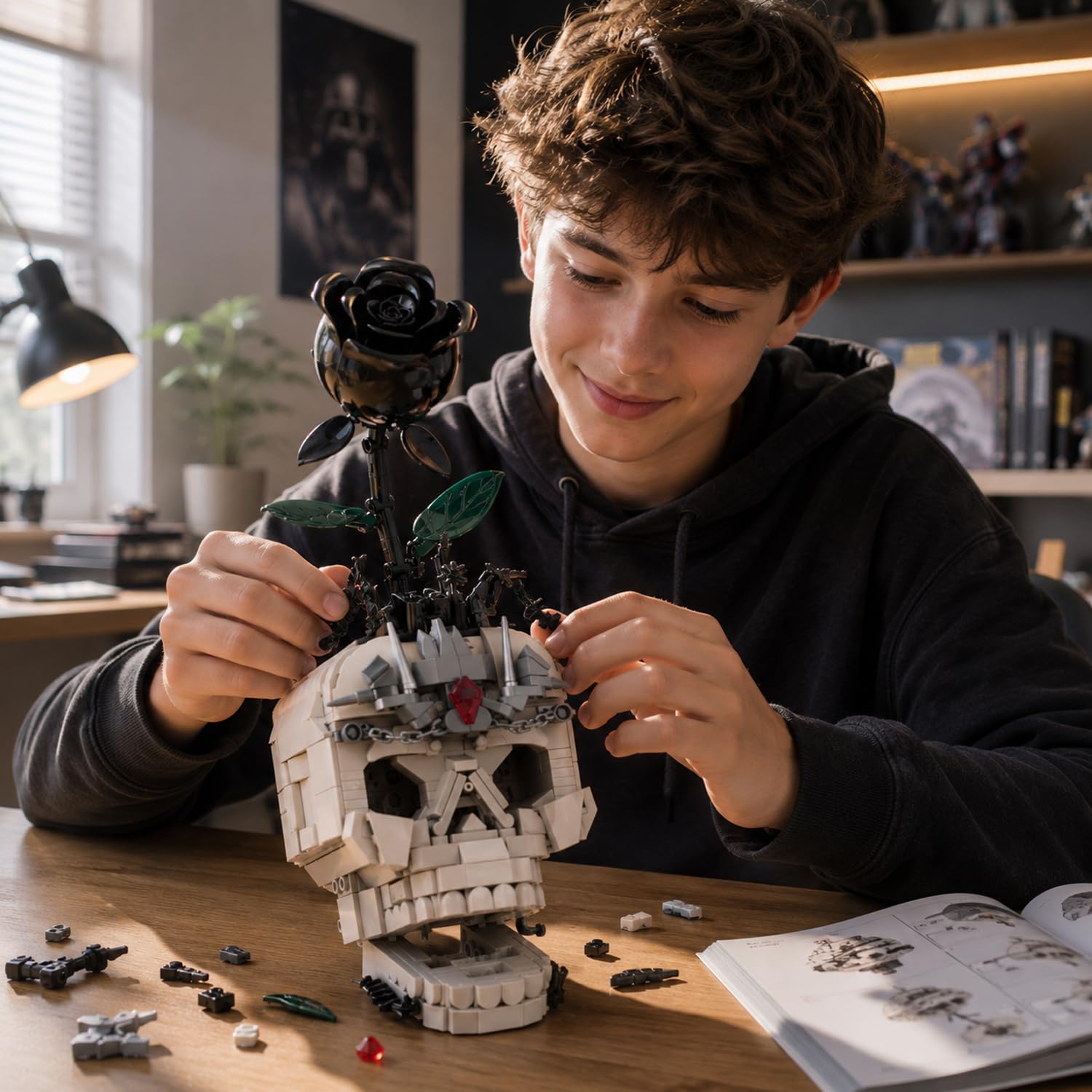 JYLWSMHU 3 in 1 Gothic Skull with Black Rose Building Block Set 698 Pcs Botanical Model Kit for Adults & Teens Dark Aesthetic Skeleton Construction