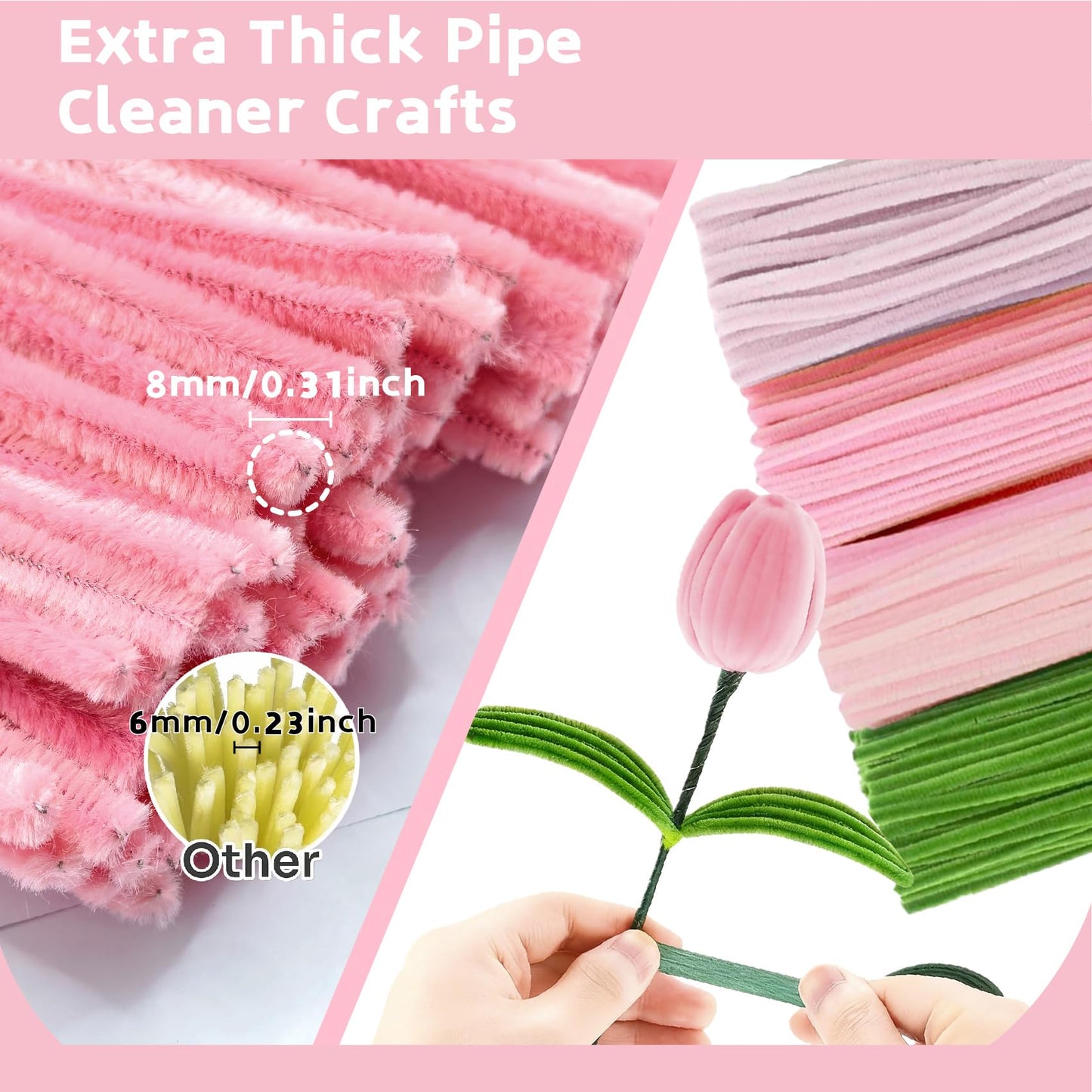 CllyCnny Pipe Cleaner Flower Craft Kit, 400 PCS Extra Thick 8mm Chenille Stems DIY Tulip Bouquet Making Set with Stamens, Floral Stems, Tape, Glue