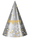 Sparkling Silver & Gold Foil Cone Hats - 7" (Pack of 12) - Deluxe Birthday Party Accessory - Unique Printed Design for Kids & Adults - Perfect