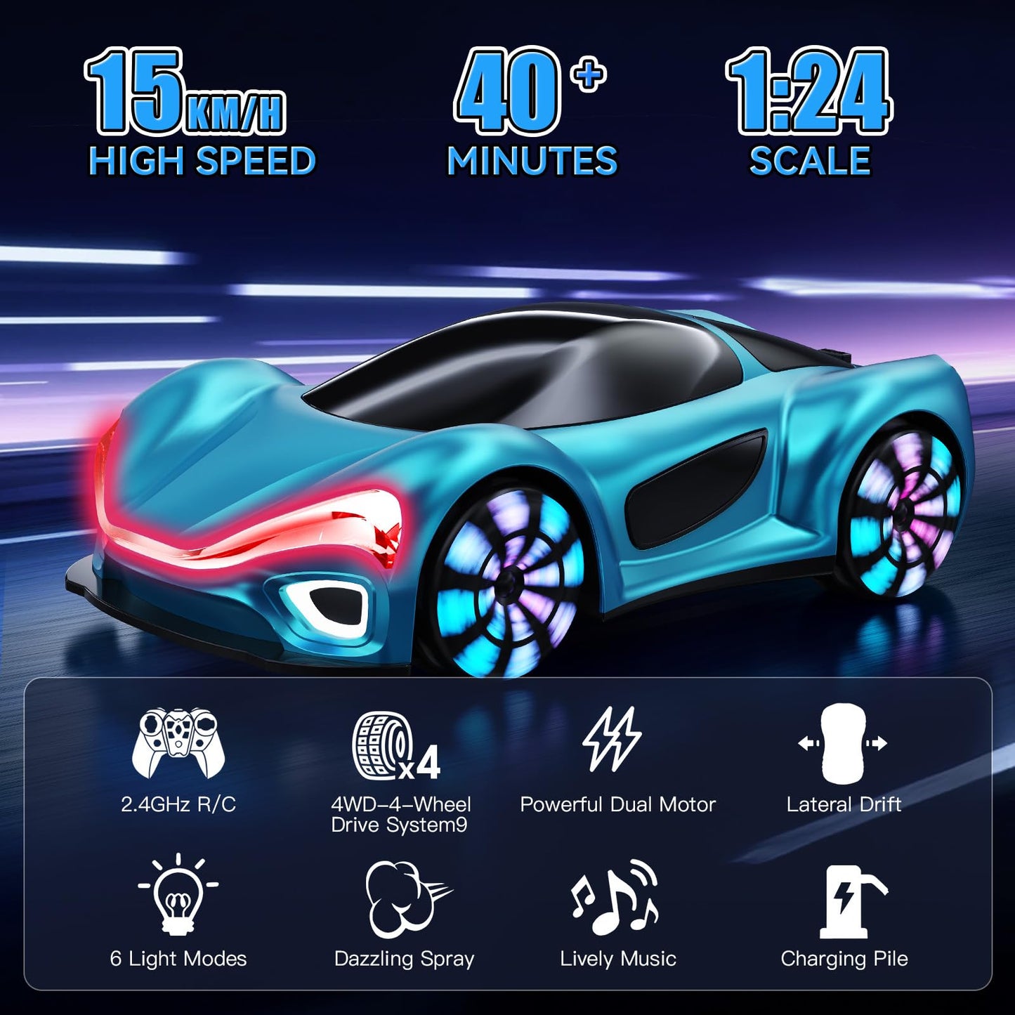 ECOSAT-QIU Remote Control Car,RC Cars Boys Toys for 6 7 8 9 10 11 12 Year Old 2.4GHz 360° Rotate RC Cars with Cool Lights, Music & Spray Effects Cool