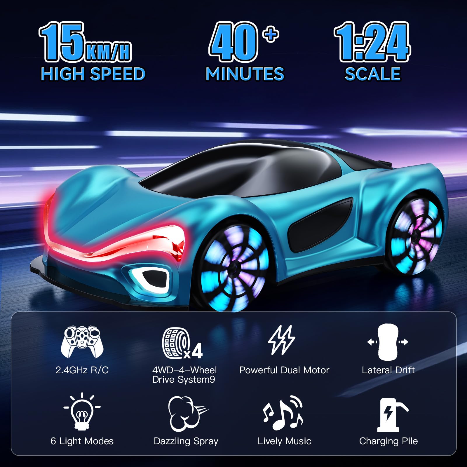 ECOSAT-QIU Remote Control Car,RC Cars Boys Toys for 6 7 8 9 10 11 12 Year Old 2.4GHz 360° Rotate RC Cars with Cool Lights, Music & Spray Effects Cool