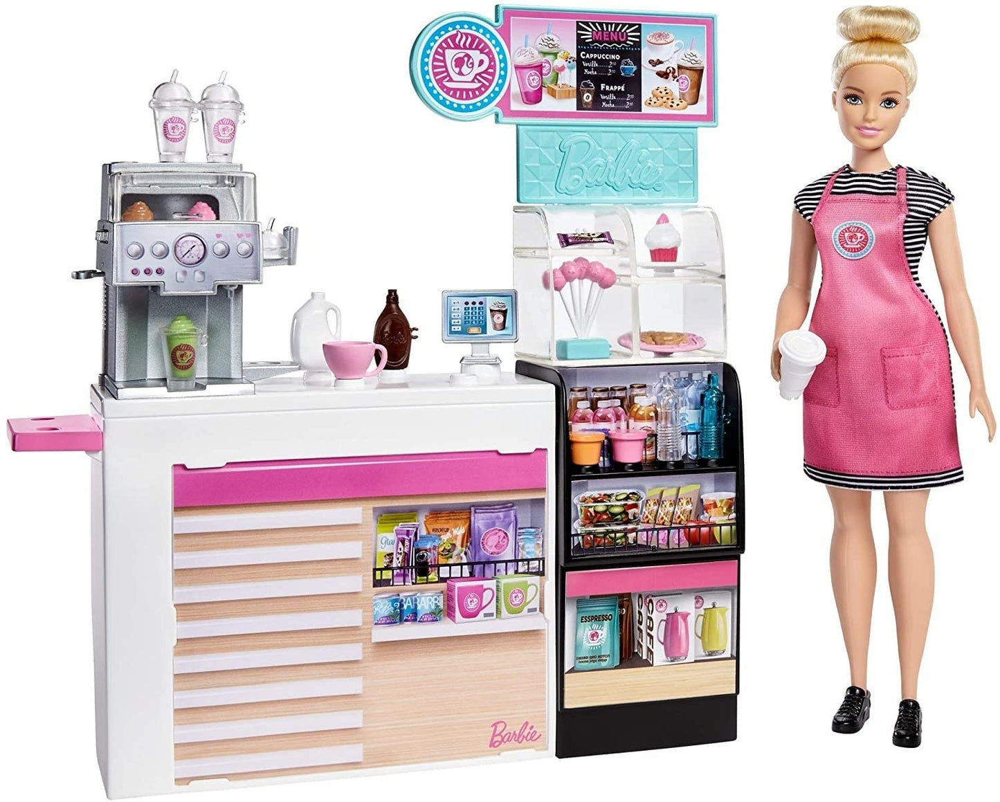 Barbie Coffee Shop with Blonde Curvy Doll and 20+ Realistic Play Pieces: Coffee Shop, Coffee-Smoothie Maker, Milk, Syrup, Coffee & Smoothie Cups &