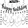 Black Happy Birthday Banner Decoration Kit, Glittery Banner Circle Dots Garland with Black Silver Hanging Swirls for Birthday Baby Shower Party