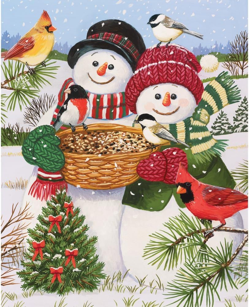 Bits and Pieces - Snow Couple Feeding the Birds Jigsaw Puzzle for Adults - Winter Holiday Scene by Artist William Vanderdasson - Festive Snowman