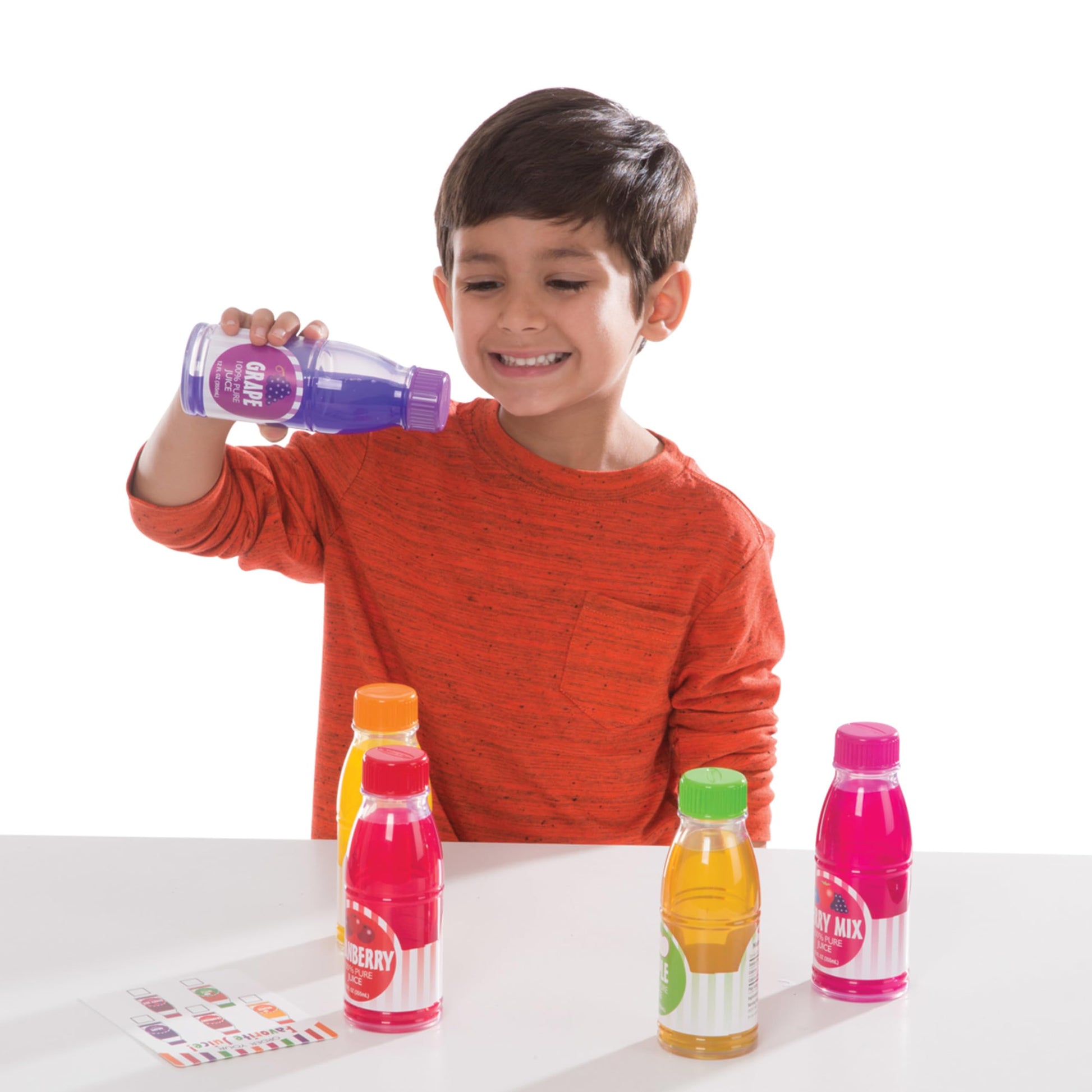 Melissa & Doug Tip & Sip Toy Juice Bottles and Activity Card (6 Pcs) Pretend Play Food Set, Play Kitchen Food For Ages 3+