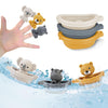 Auvitaya Baby Bath Toy Stackable Infant Bathtub Toys Stacking Floating Boat Train with Animal Finger Puppets Bath Toy Silicone Hand Puppet Educational