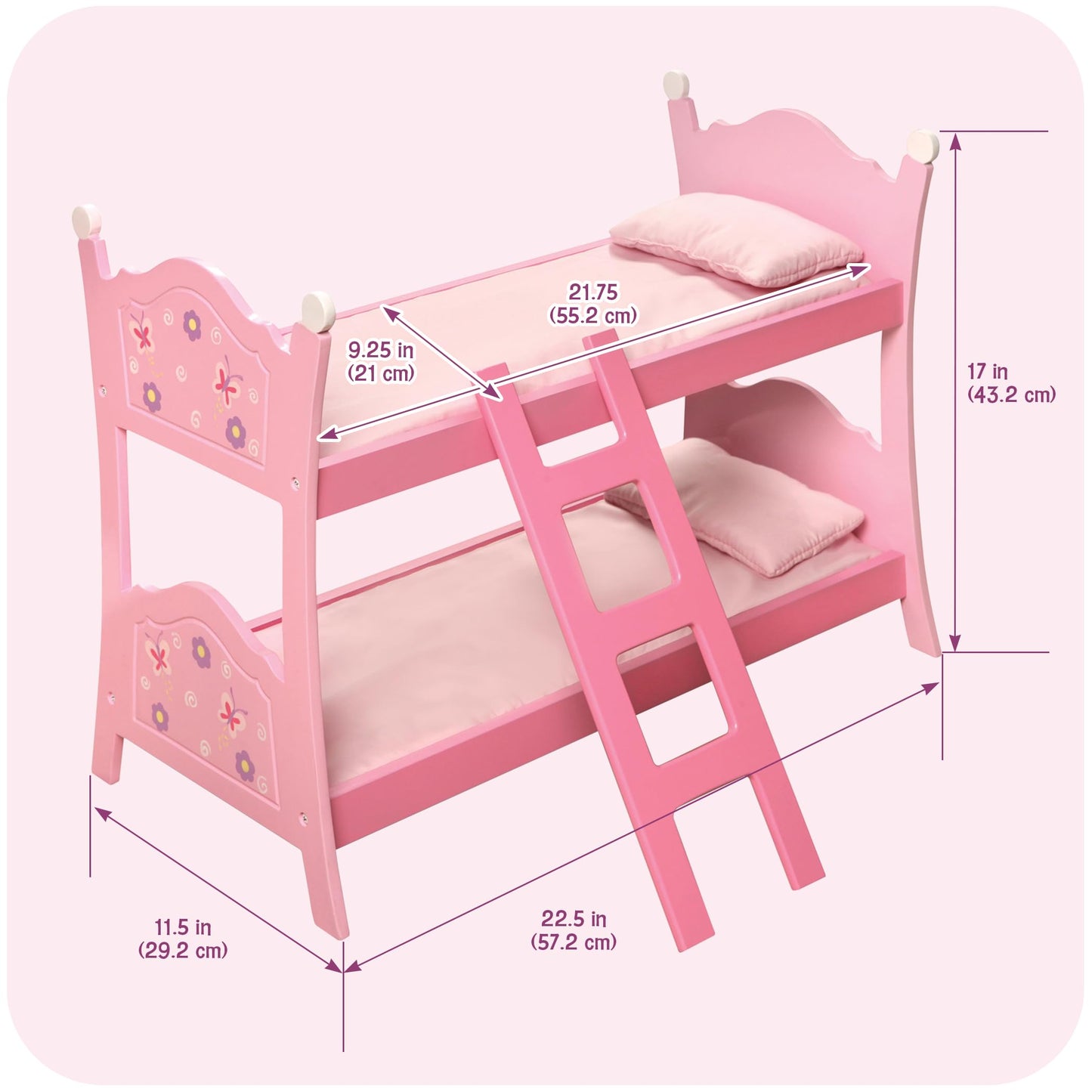 Badger Basket Blossoms and Butterflies Doll Bunk Bed with Ladder and Bedding for 18 to 20-Inch Dolls - Pink Floral and Butterfly Design for Creative