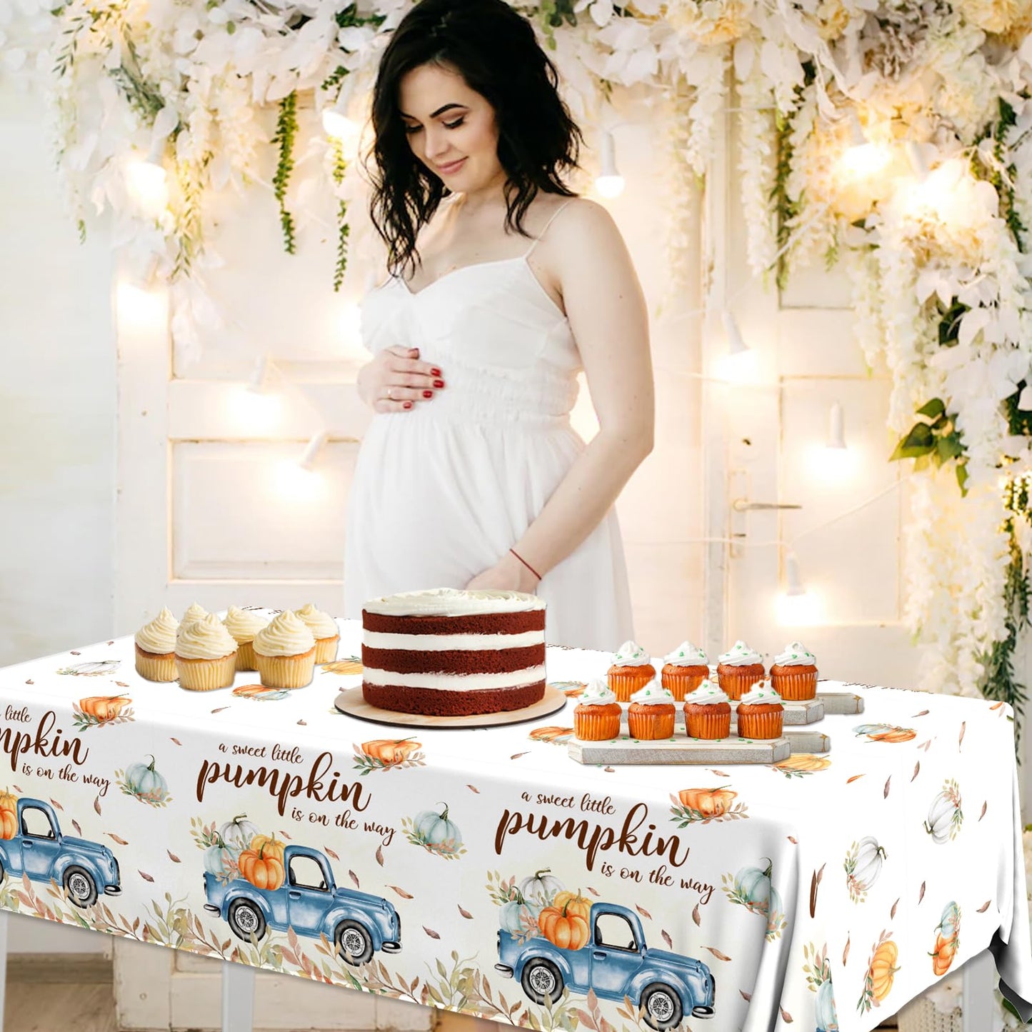 Juweked 3Pcs Pumpkin Tablecloth,A Sweet Little Pumpkin is On The Way Decorations,Fall Blue Baby Shower Tablecloth for Boy Birthday Party Disposable