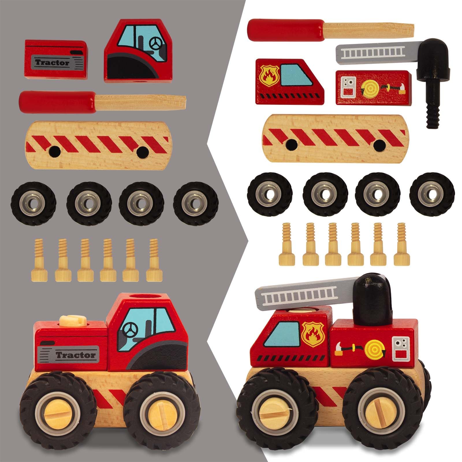 WoodenEdu Construction Vehicles for Toddlers, 2 Pcs Wooden Detachable Assemble Cranes and Tractor, Kids Vehicle Toys Hand Push Car Toys for 3 Years