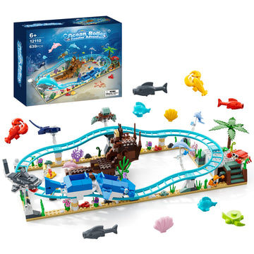 Roller Coaster Set, Ocean Roller Coaster Building Toy Set Explorer Ship, Deep Sea Boat Creatures, Sea Animal Toys Gifts for 6+ Year Old