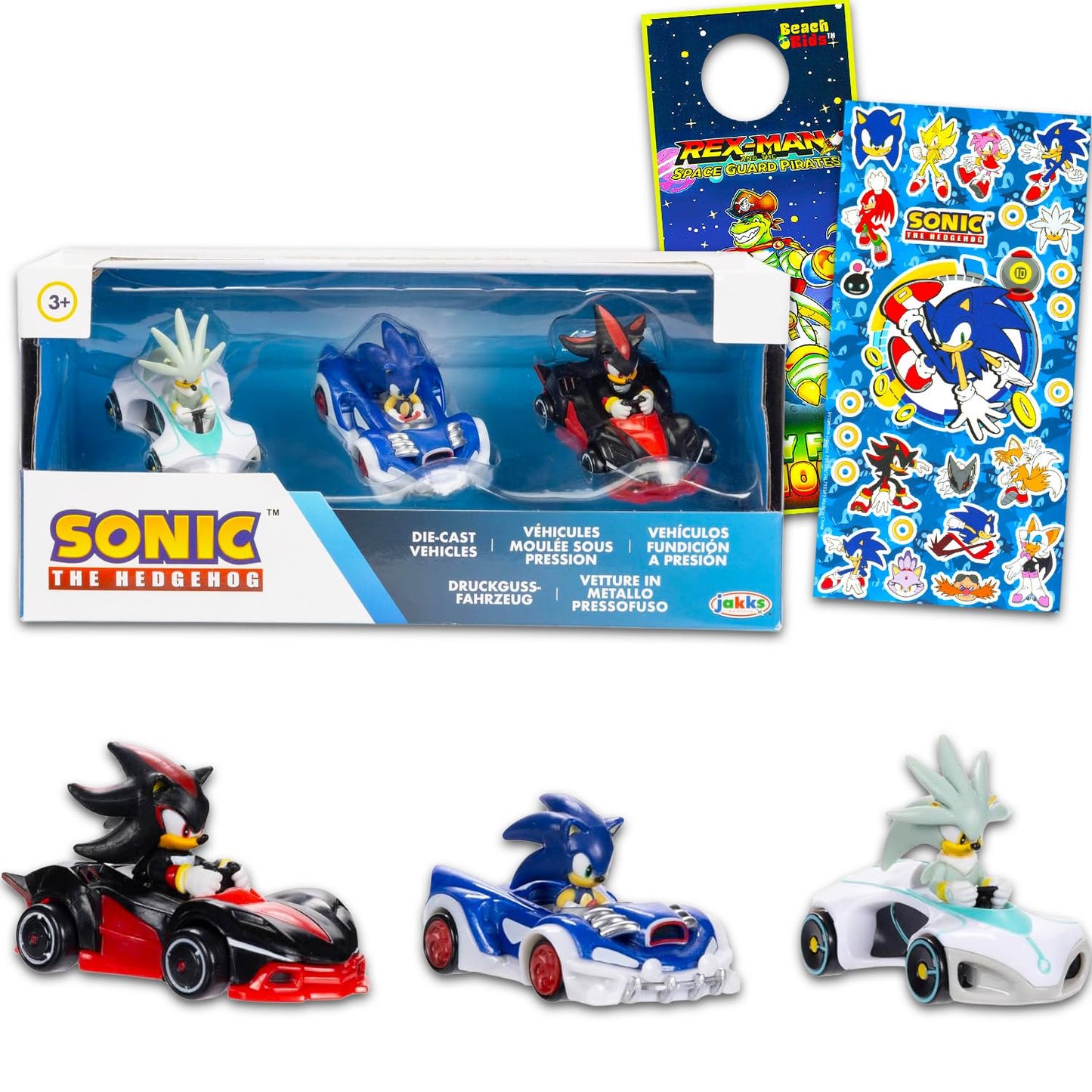 Sonic The Hedgehog Racing Toys Set - 3 Car Bundle with 6" Racing Pull Back Action Vehicles Featuring Shadow, Silver Plus Stickers, More | Sonic