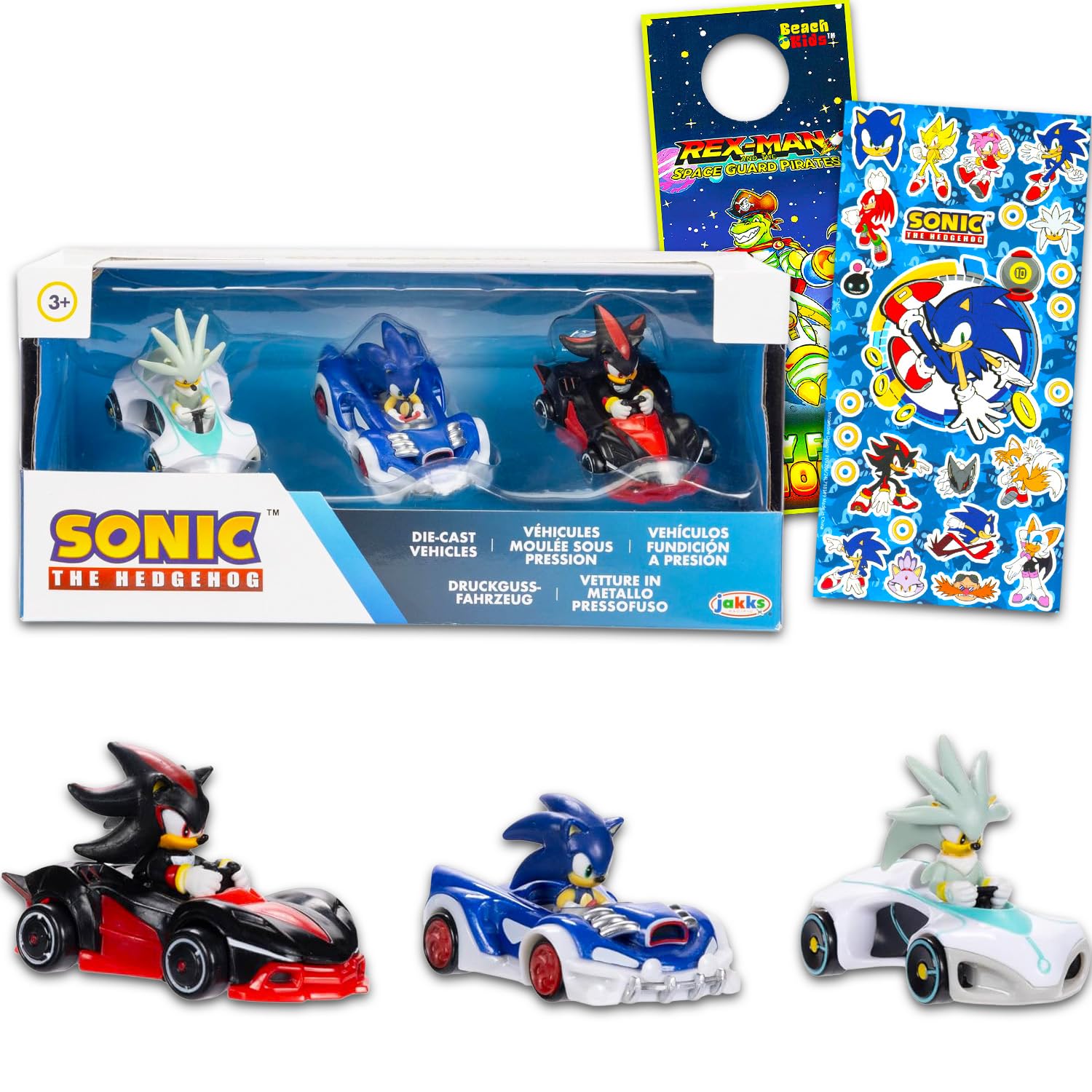 Sonic The Hedgehog Racing Toys Set - 3 Car Bundle with 6" Racing Pull Back Action Vehicles Featuring Shadow, Silver Plus Stickers, More | Sonic