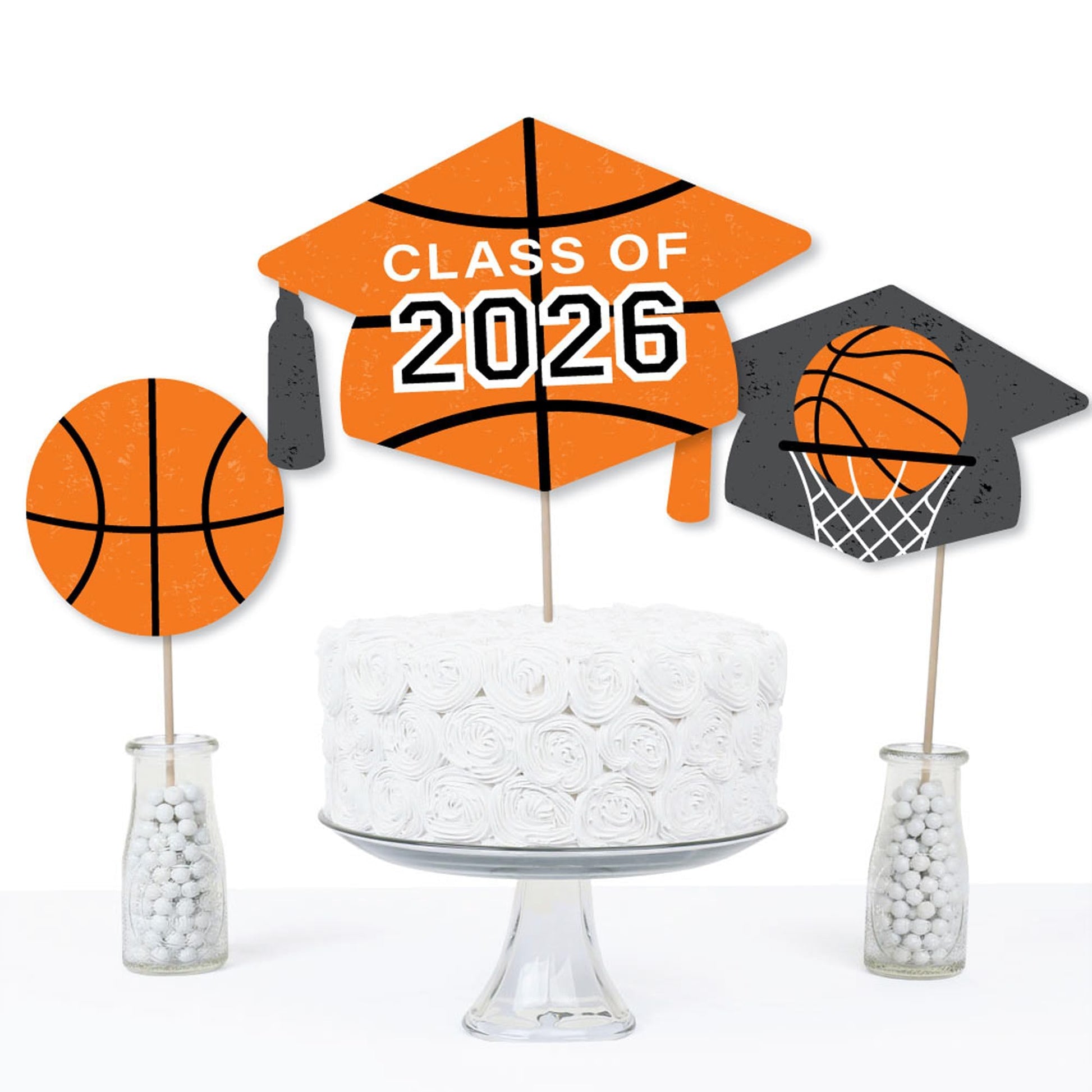 Big Dot of Happiness Grad Basketball - 2026 Graduation Party Centerpiece Sticks - Table Toppers - Set of 15