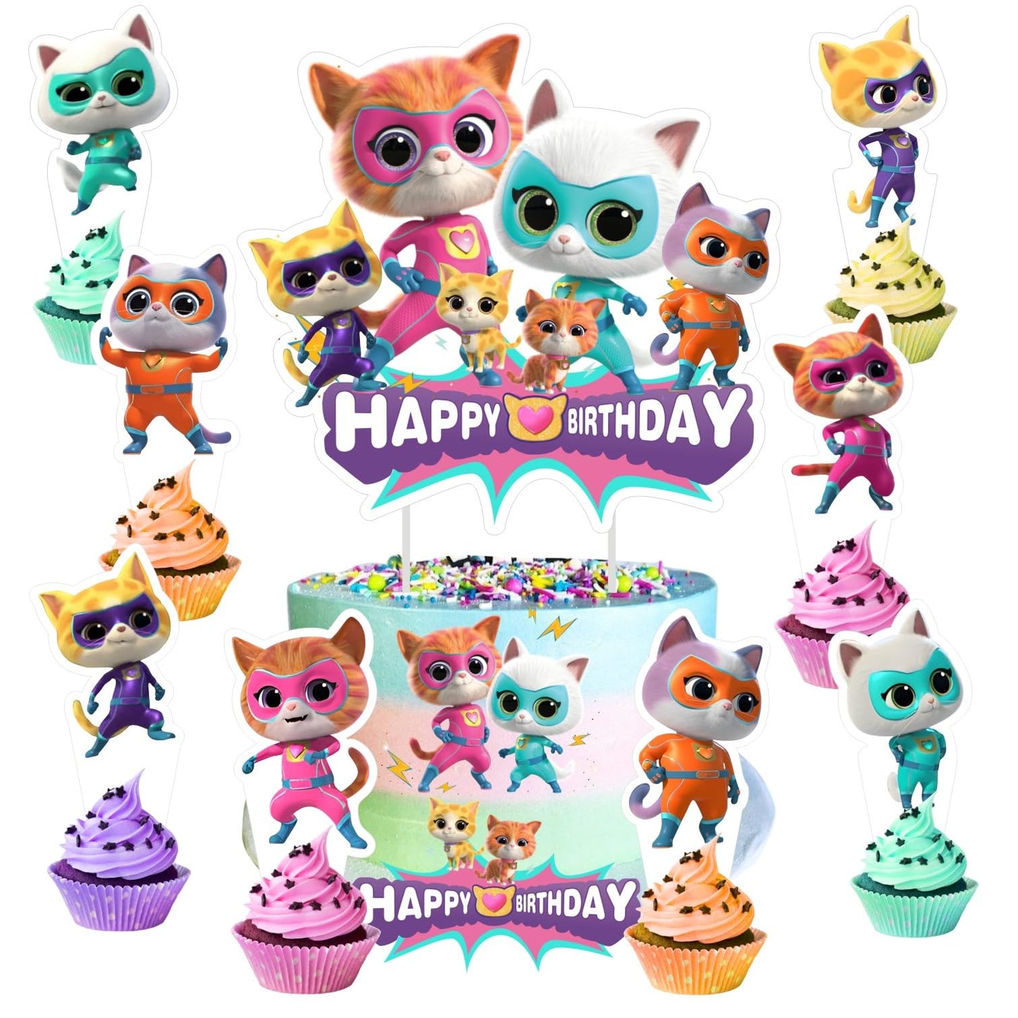 25pcs Super Cats Cake Decorations with 24pcs Cupcake Toppers, 1pcs Cake Topper for cats Birthday Party Supplies
