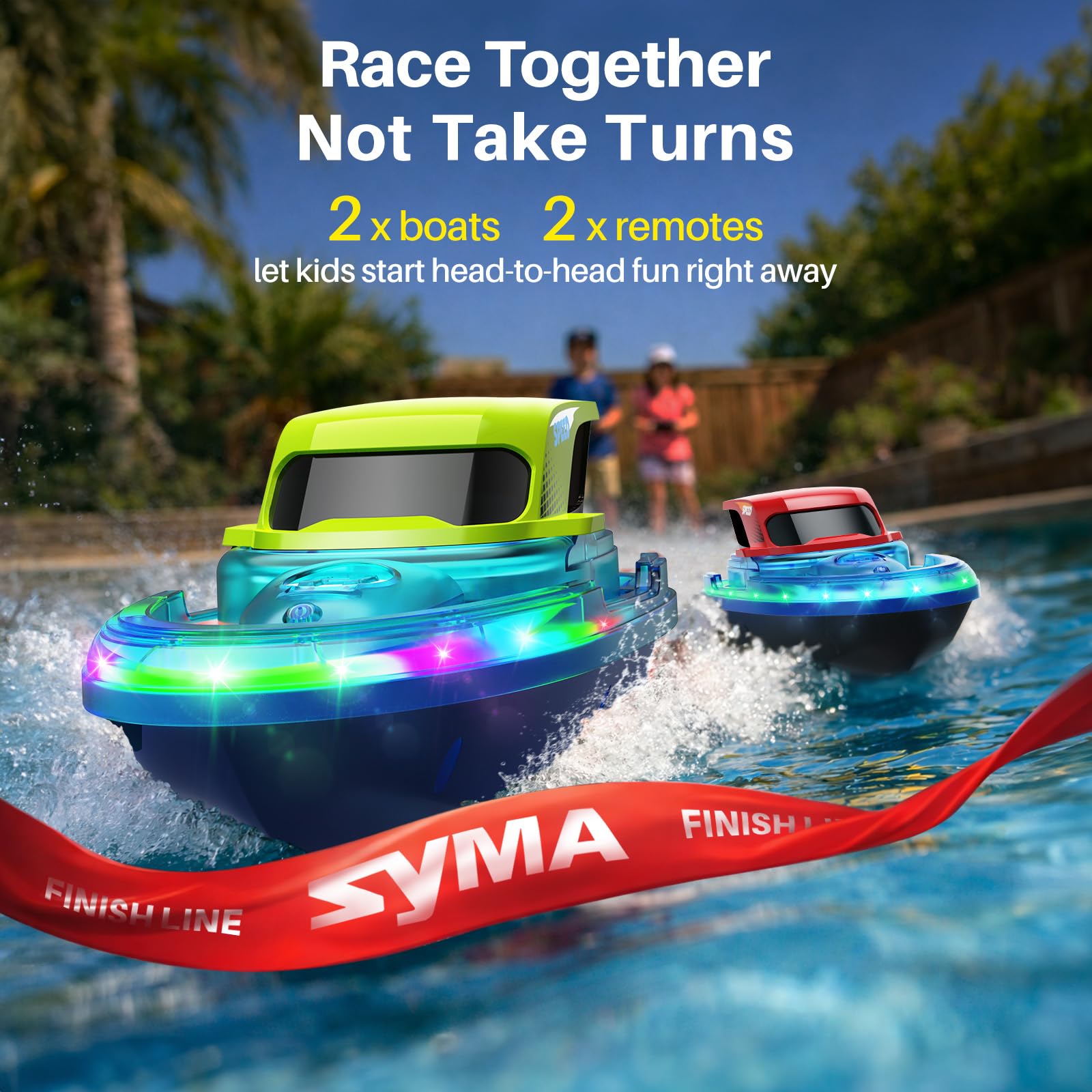 SYMA 2 Pack RC Boats for Kids, LED Lights, Water Spray, 40 Min Playtime