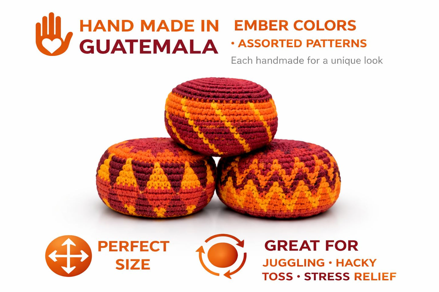 Funny Guy Mugs Footbag Balls 3 Pack Handmade Crocheted Kick Toss Balls from Guatemala Assorted Patterns Ember